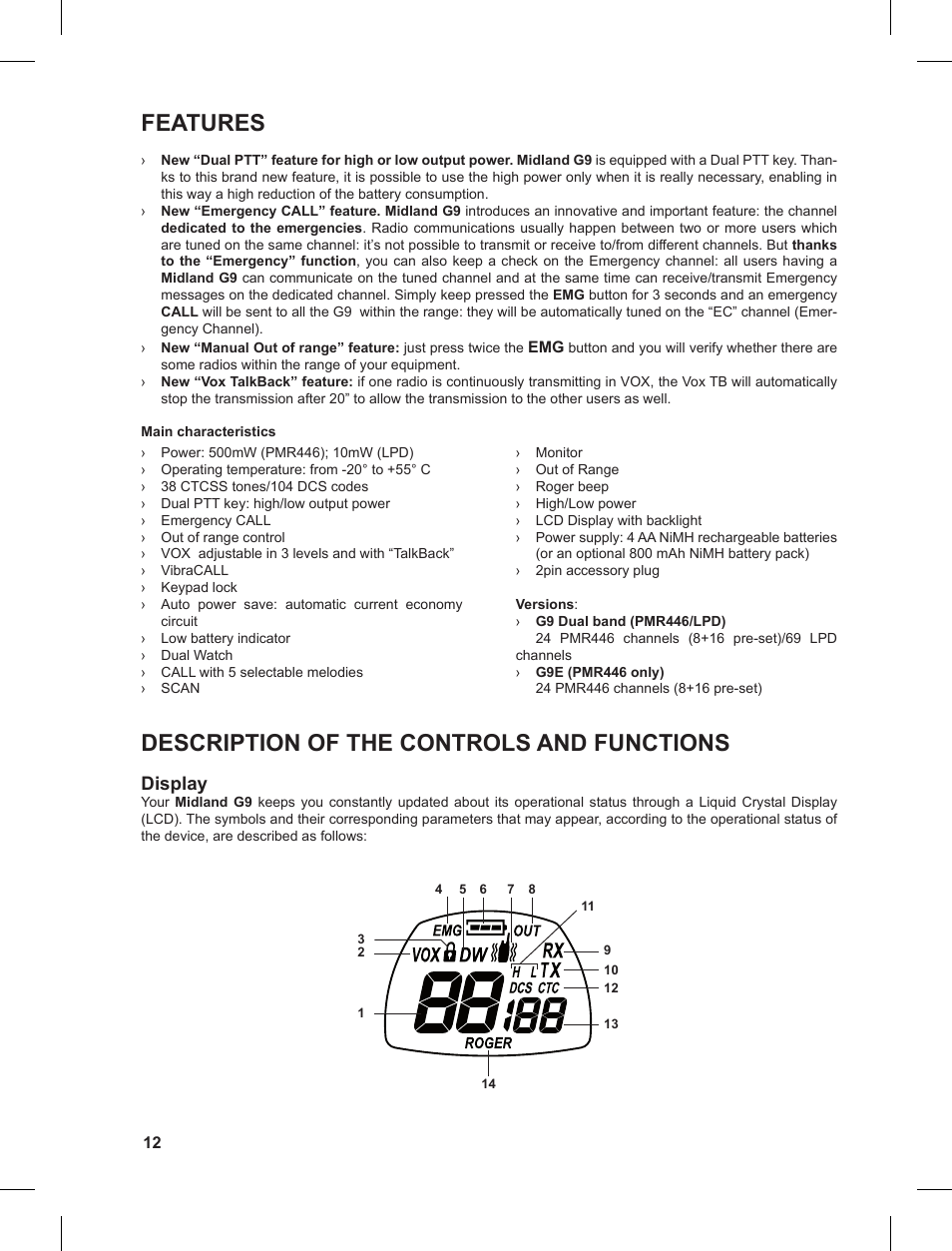 Features, Description of the controls and functions | MIDLAND G9 User Manual | Page 12 / 90