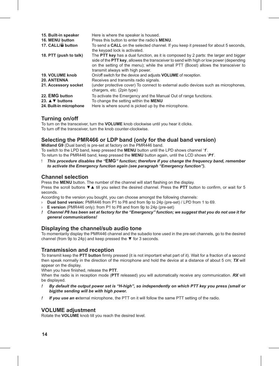 Turning on/off, Channel selection, Displaying the channel/sub audio tone | Transmission and reception, Volume adjustment | MIDLAND G9 User Manual | Page 14 / 90