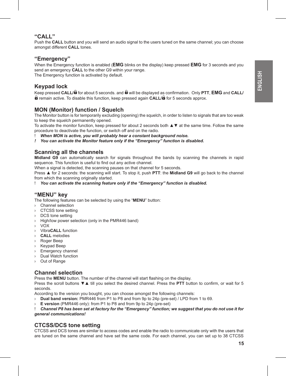 En gl is h “call, Emergency, Keypad lock | Mon (monitor) function / squelch, Scanning all the channels, Menu” key, Channel selection, Ctcss/dcs tone setting | MIDLAND G9 User Manual | Page 15 / 90