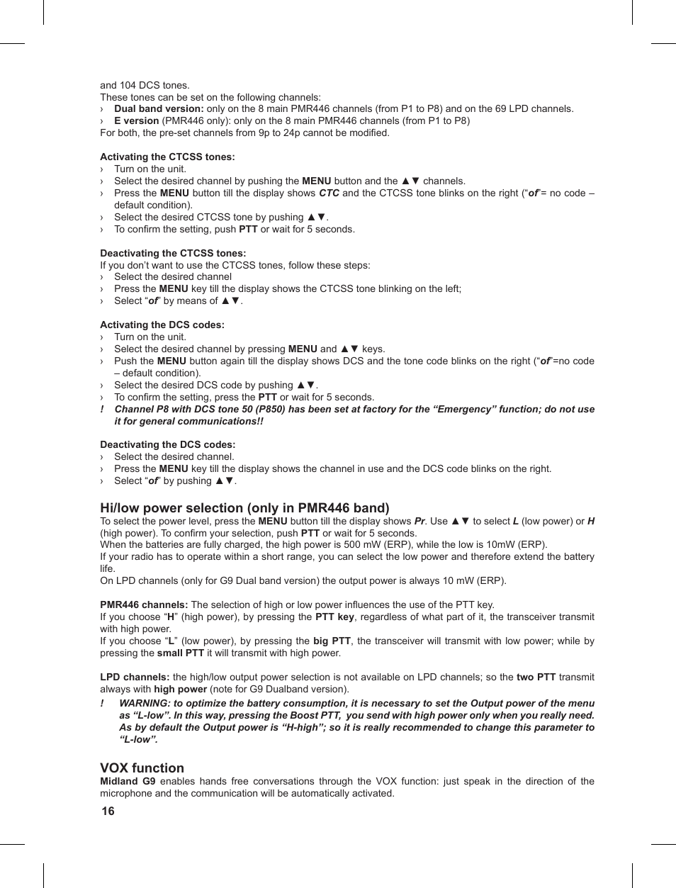 Hi/low power selection (only in pmr446 band), Vox function | MIDLAND G9 User Manual | Page 16 / 90