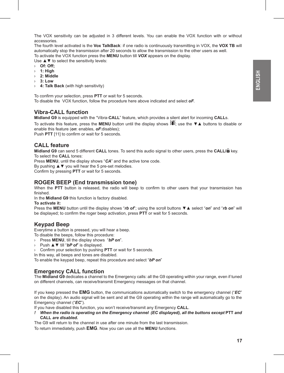 En gl is h, Vibra-call function, Call feature | Roger beep (end transmission tone), Keypad beep, Emergency call function | MIDLAND G9 User Manual | Page 17 / 90