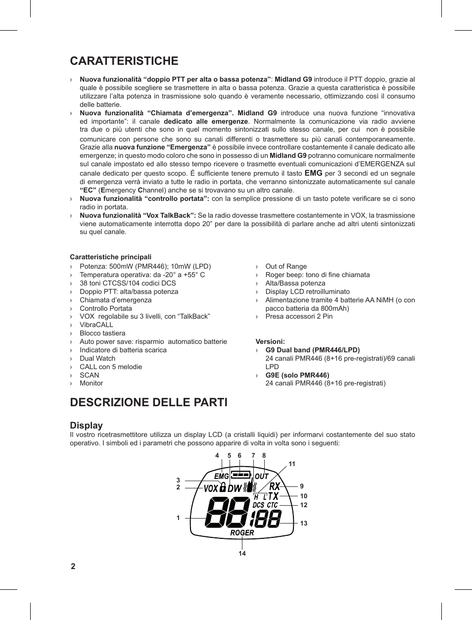 Caratteristiche, Descrizione delle parti | MIDLAND G9 User Manual | Page 2 / 90