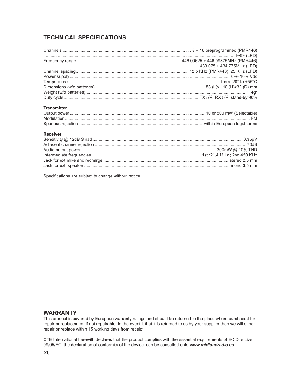 Technical specifications, Warranty | MIDLAND G9 User Manual | Page 20 / 90