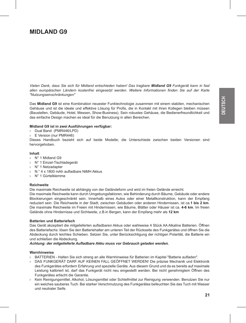 Midland g9, De ut sc h | MIDLAND G9 User Manual | Page 21 / 90
