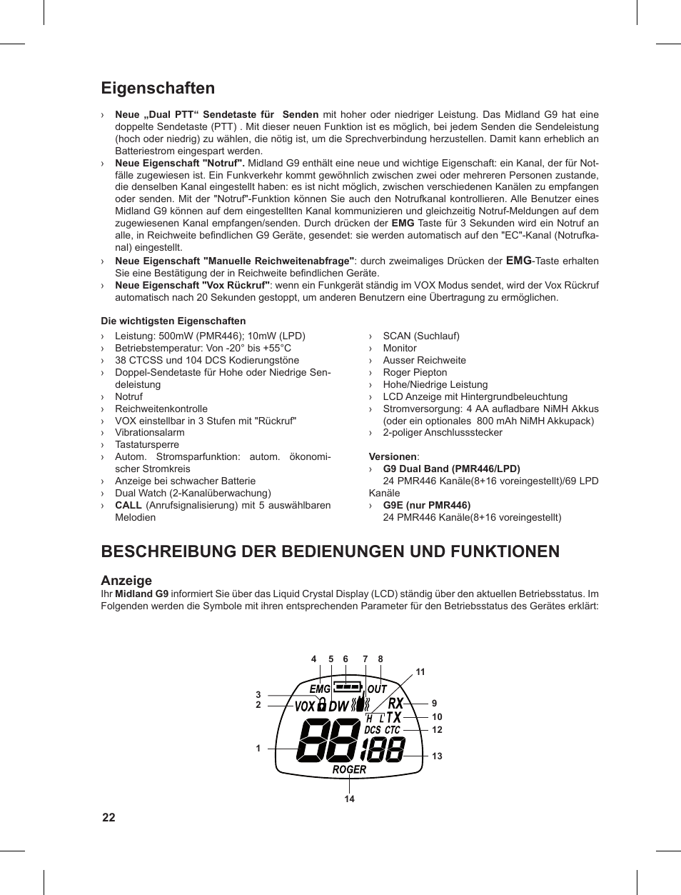 Eigenschaften, Beschreibung der bedienungen und funktionen | MIDLAND G9 User Manual | Page 22 / 90
