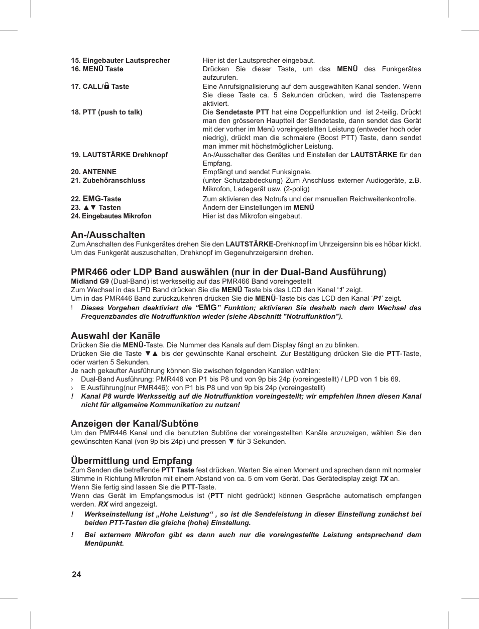 An-/ausschalten, Auswahl der kanäle, Anzeigen der kanal/subtöne | Übermittlung und empfang | MIDLAND G9 User Manual | Page 24 / 90