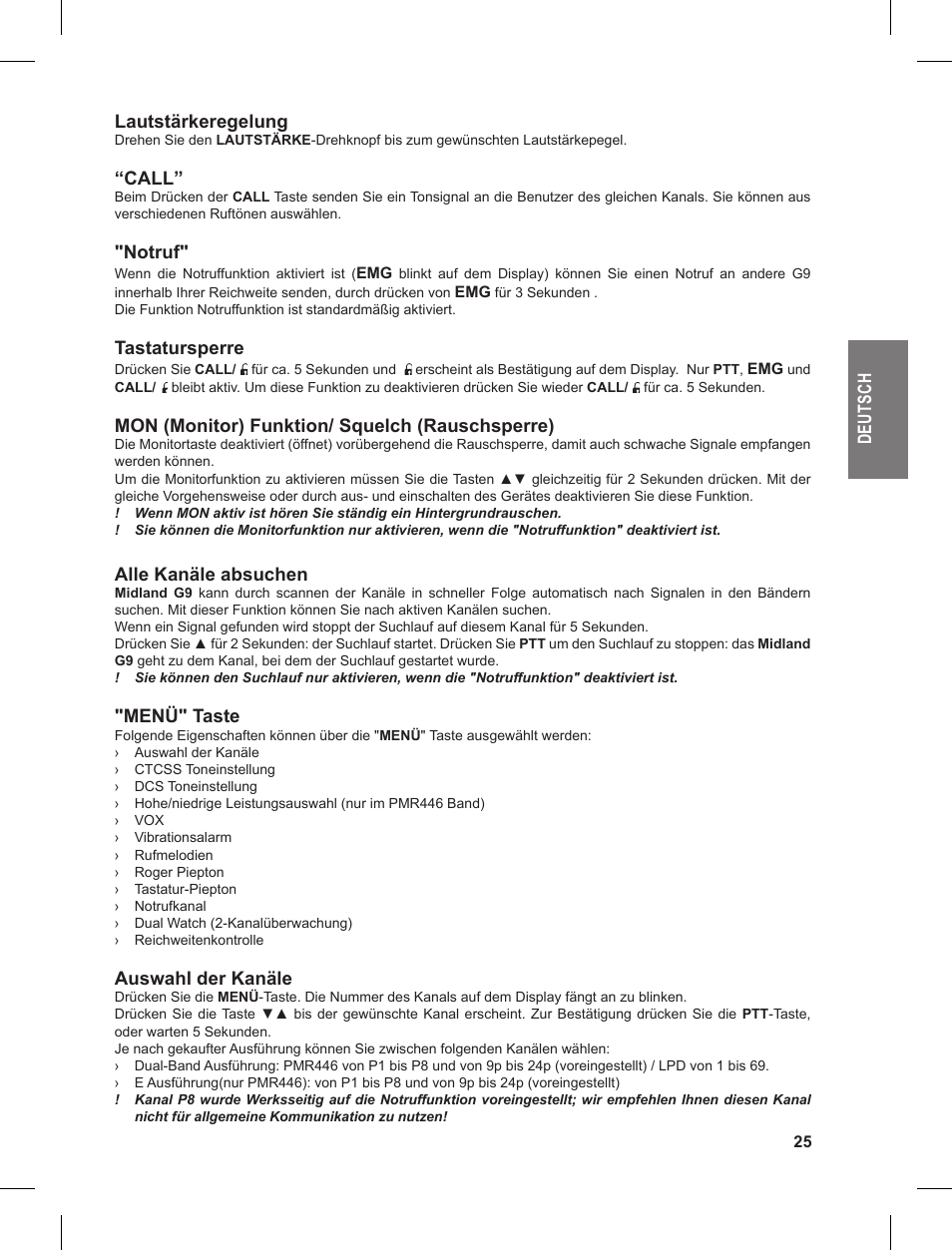 De ut sc h lautstärkeregelung, Call, Notruf | Tastatursperre, Mon (monitor) funktion/ squelch (rauschsperre), Alle kanäle absuchen, Menü" taste, Auswahl der kanäle | MIDLAND G9 User Manual | Page 25 / 90