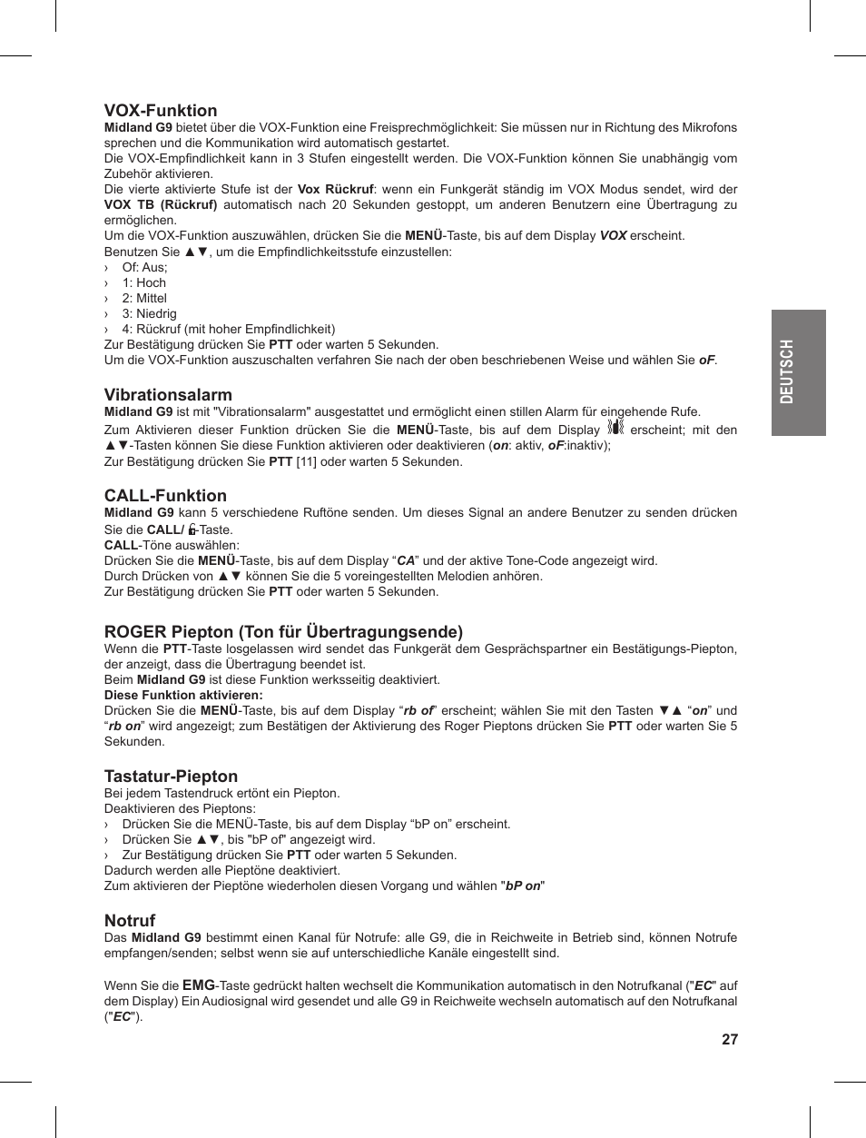 De ut sc h vox-funktion, Vibrationsalarm, Call-funktion | Roger piepton (ton für übertragungsende), Tastatur-piepton, Notruf | MIDLAND G9 User Manual | Page 27 / 90