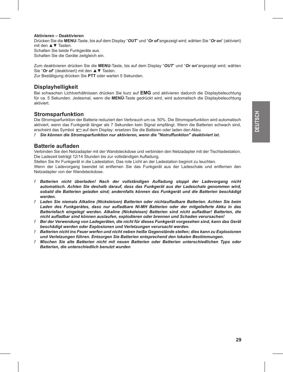 De ut sc h, Displayhelligkeit, Stromsparfunktion | Batterie aufladen | MIDLAND G9 User Manual | Page 29 / 90