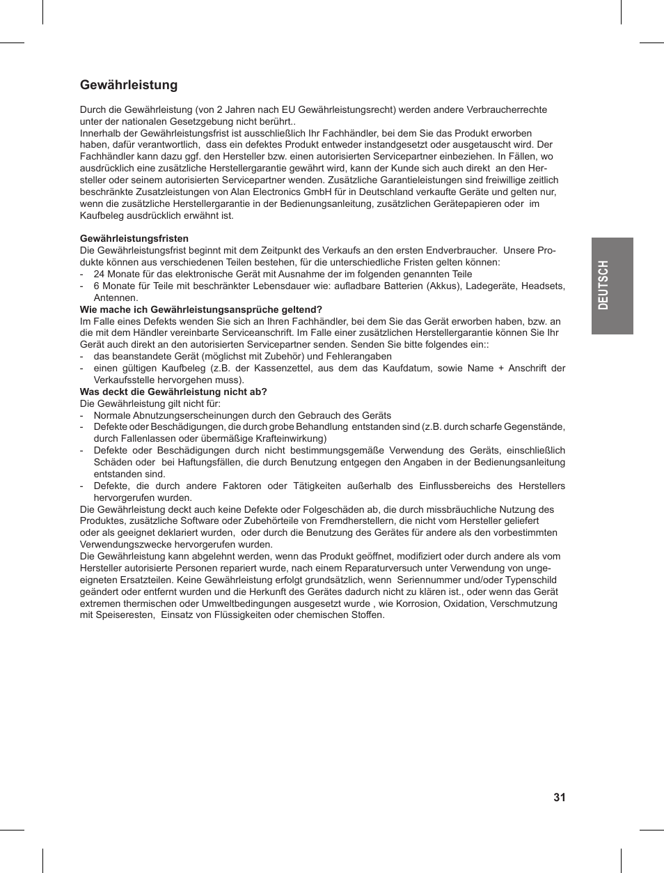 De ut sc h gewährleistung | MIDLAND G9 User Manual | Page 31 / 90