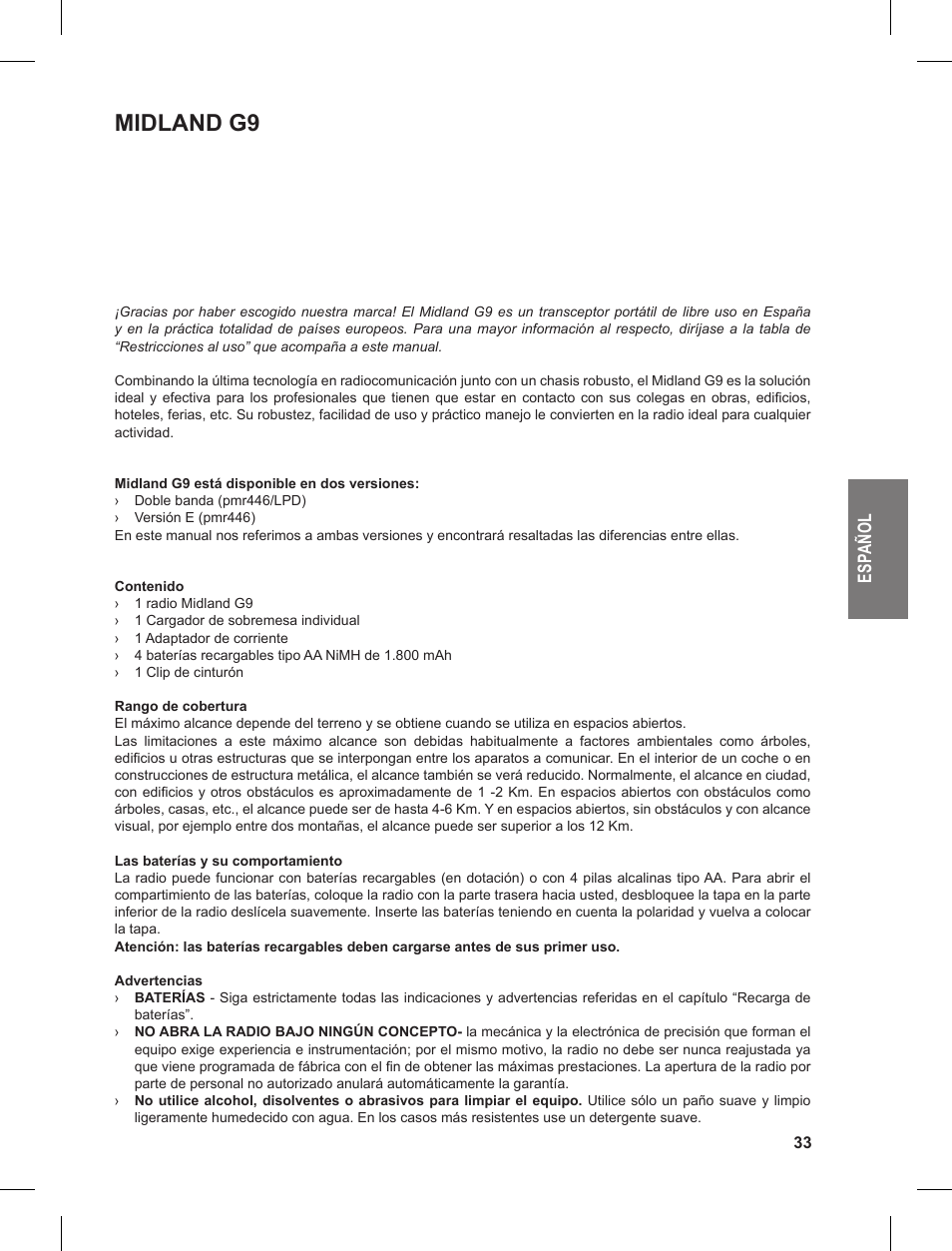Midland g9, Es pa ño l | MIDLAND G9 User Manual | Page 33 / 90
