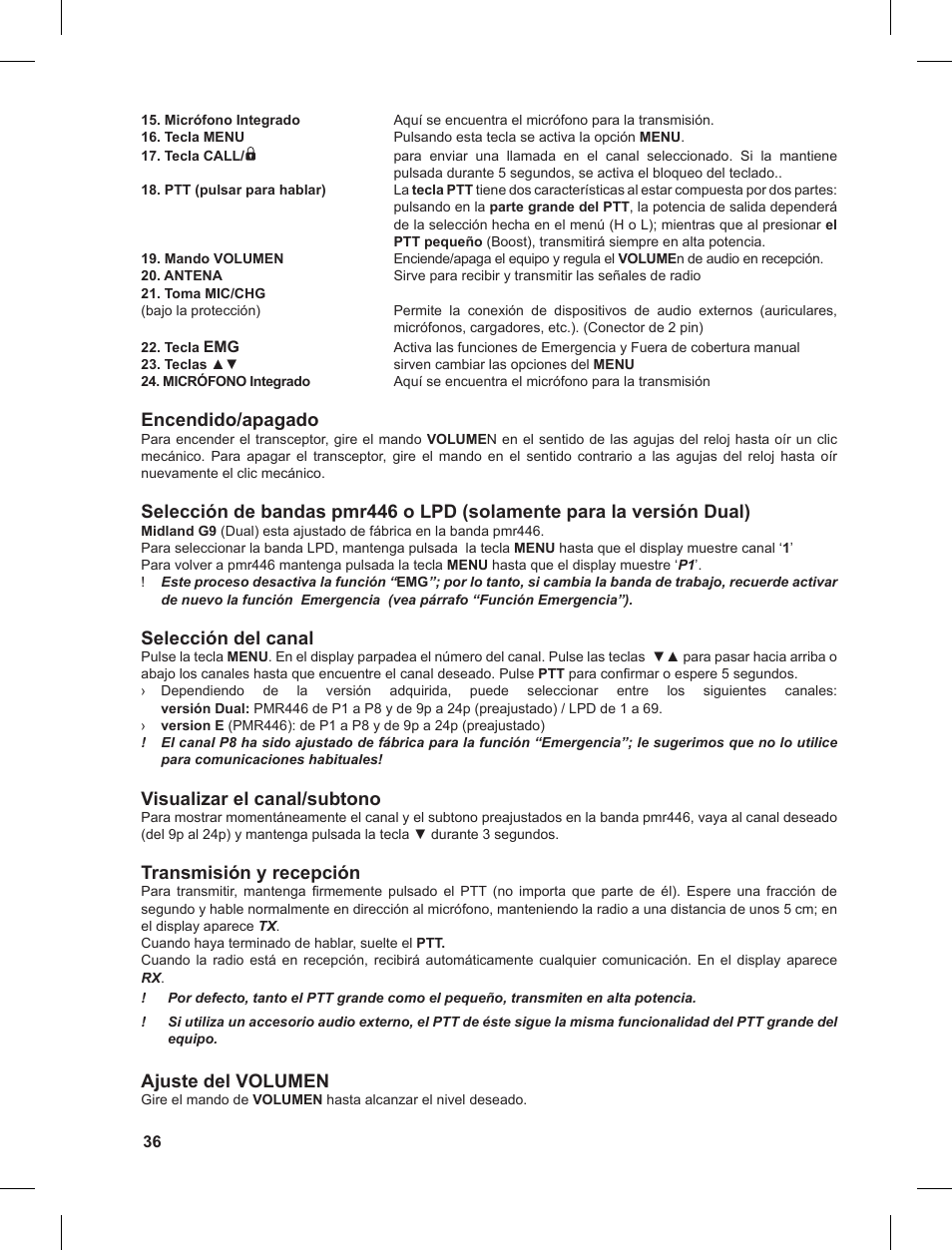 Encendido/apagado, Selección del canal, Visualizar el canal/subtono | Transmisión y recepción, Ajuste del volumen | MIDLAND G9 User Manual | Page 36 / 90
