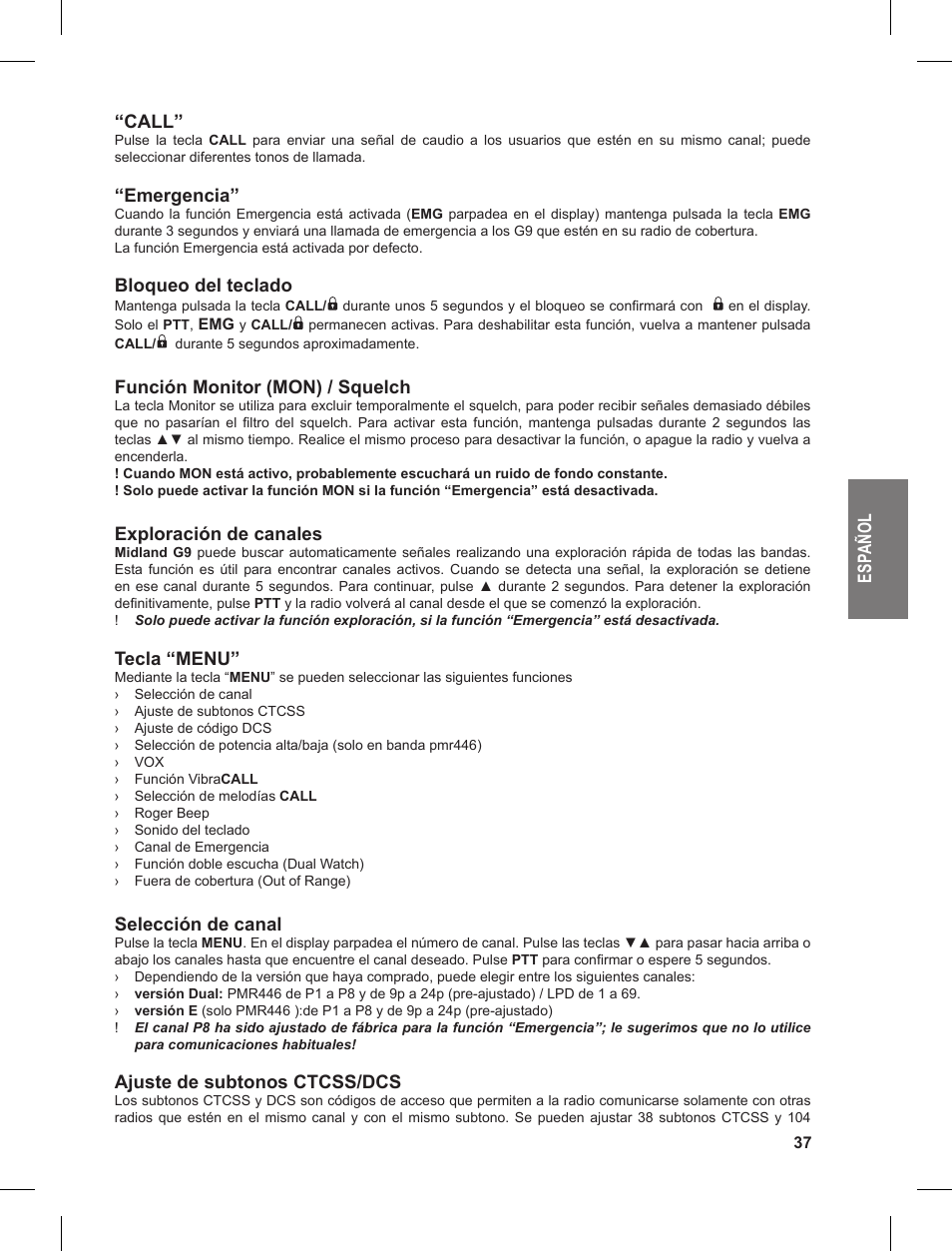 Es pa ño l “call, Emergencia, Bloqueo del teclado | Función monitor (mon) / squelch, Exploración de canales, Tecla “menu, Selección de canal, Ajuste de subtonos ctcss/dcs | MIDLAND G9 User Manual | Page 37 / 90