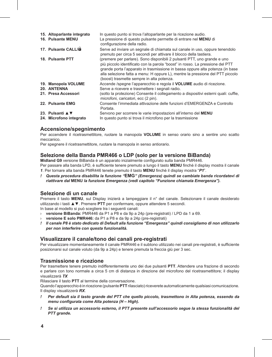 Accensione/spegnimento, Selezione di un canale, Trasmissione e ricezione | MIDLAND G9 User Manual | Page 4 / 90