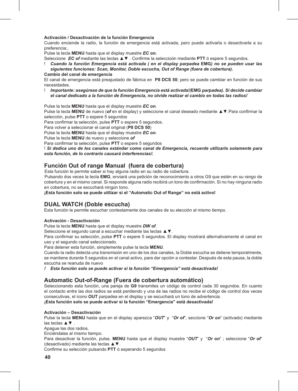 Función out of range manual (fuera de cobertura), Dual watch (doble escucha) | MIDLAND G9 User Manual | Page 40 / 90