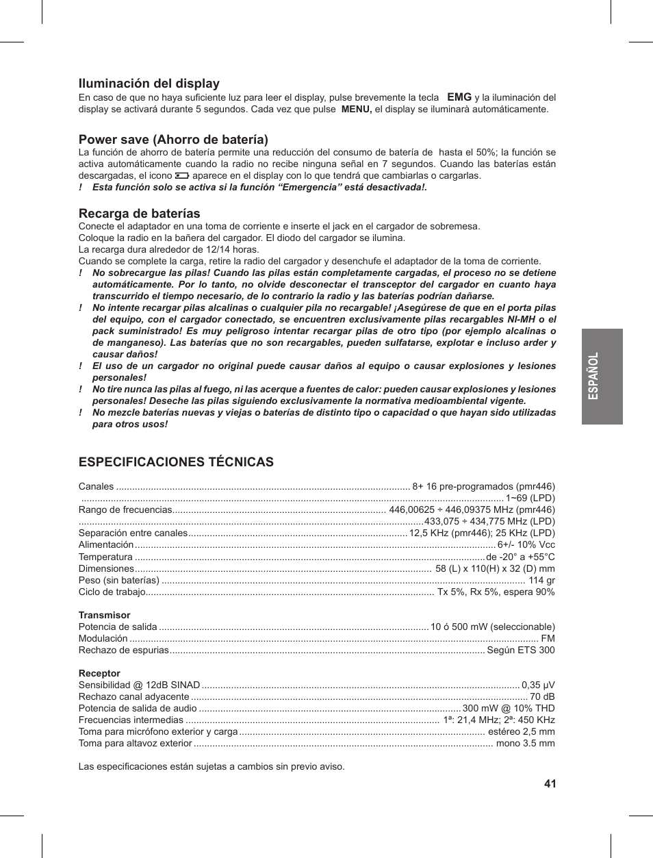 Es pa ño l iluminación del display, Power save (ahorro de batería), Recarga de baterías | Especificaciones técnicas | MIDLAND G9 User Manual | Page 41 / 90