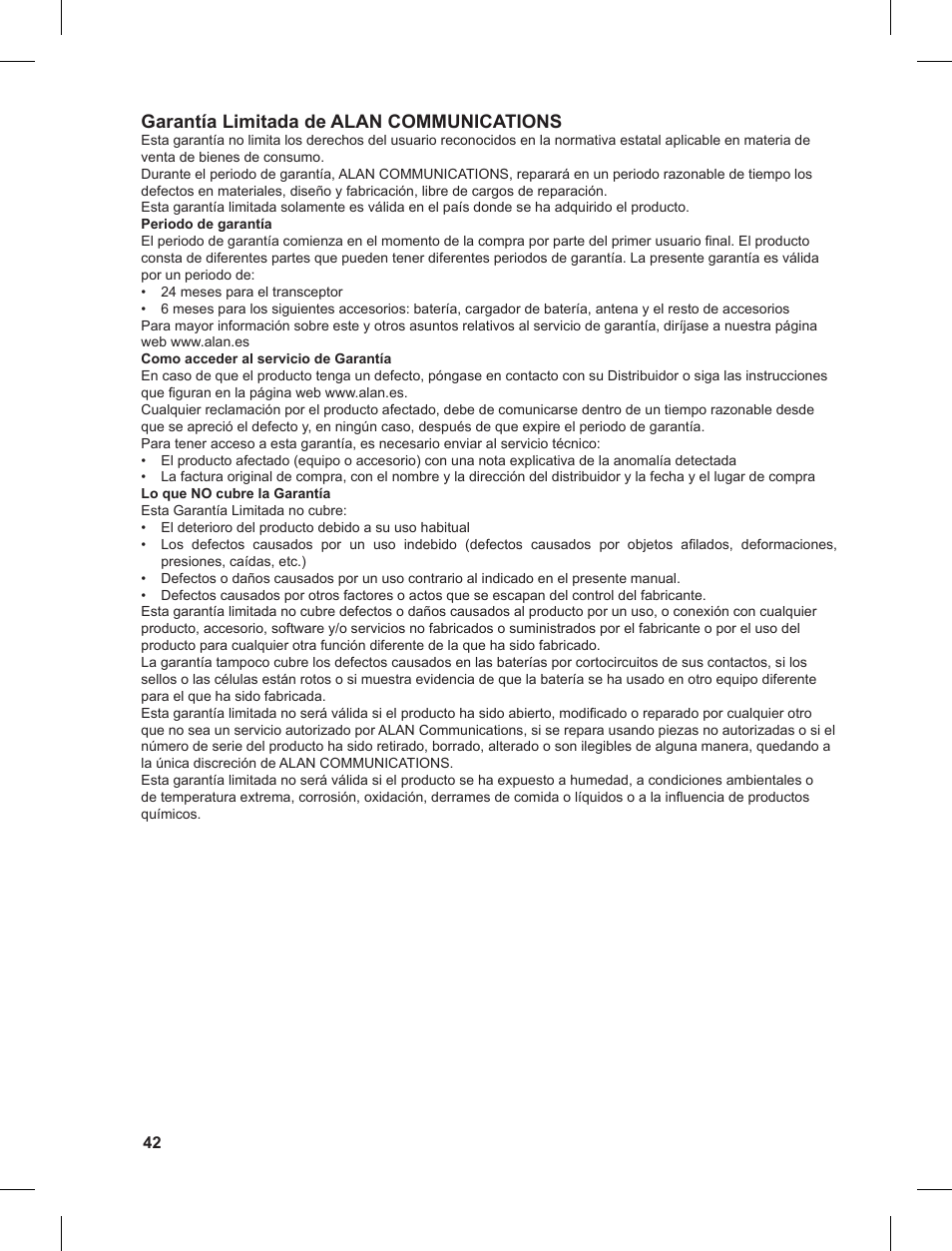 Garantía limitada de alan communications | MIDLAND G9 User Manual | Page 42 / 90