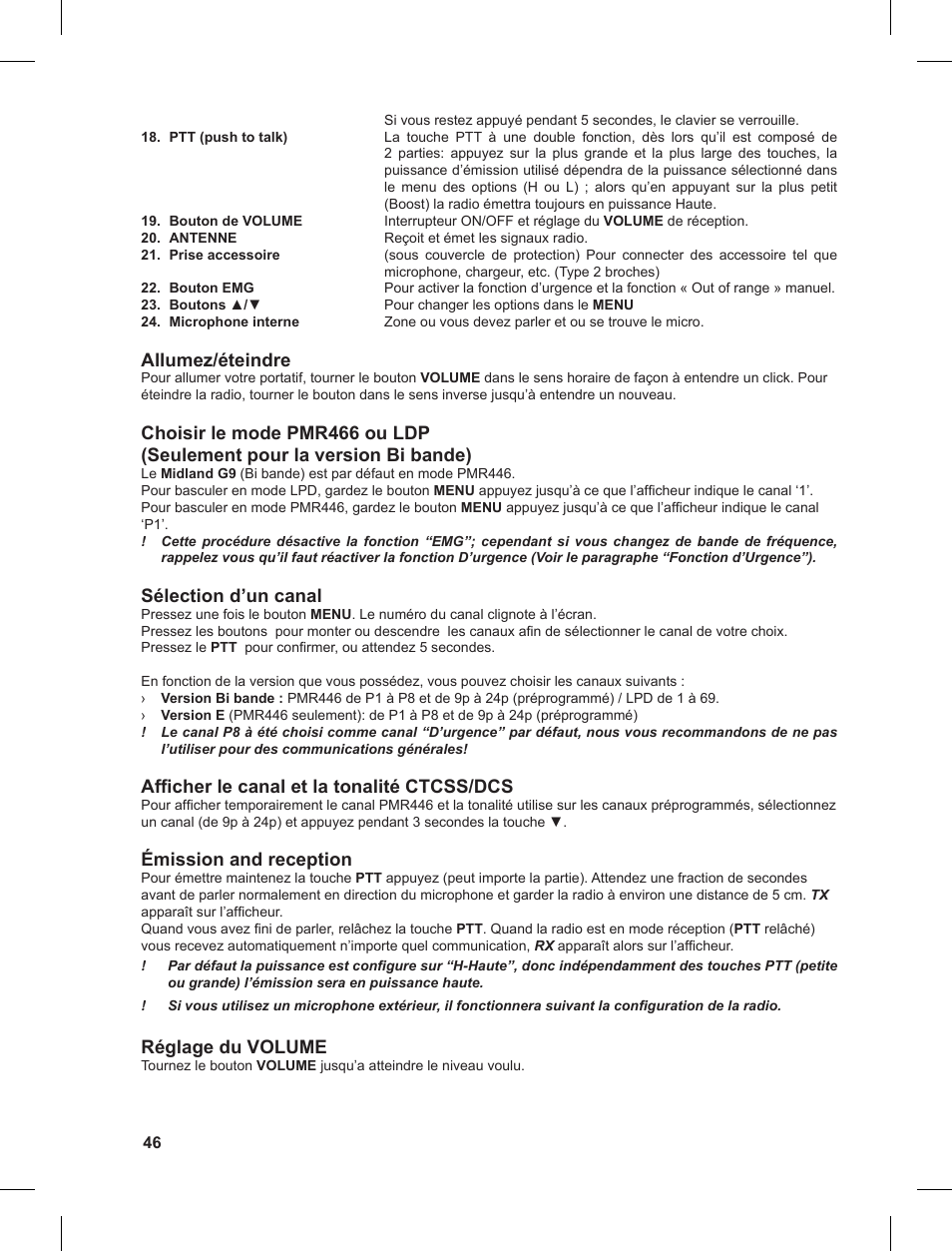 Allumez/éteindre, Sélection d’un canal, Afficher le canal et la tonalité ctcss/dcs | Émission and reception, Réglage du volume | MIDLAND G9 User Manual | Page 46 / 90