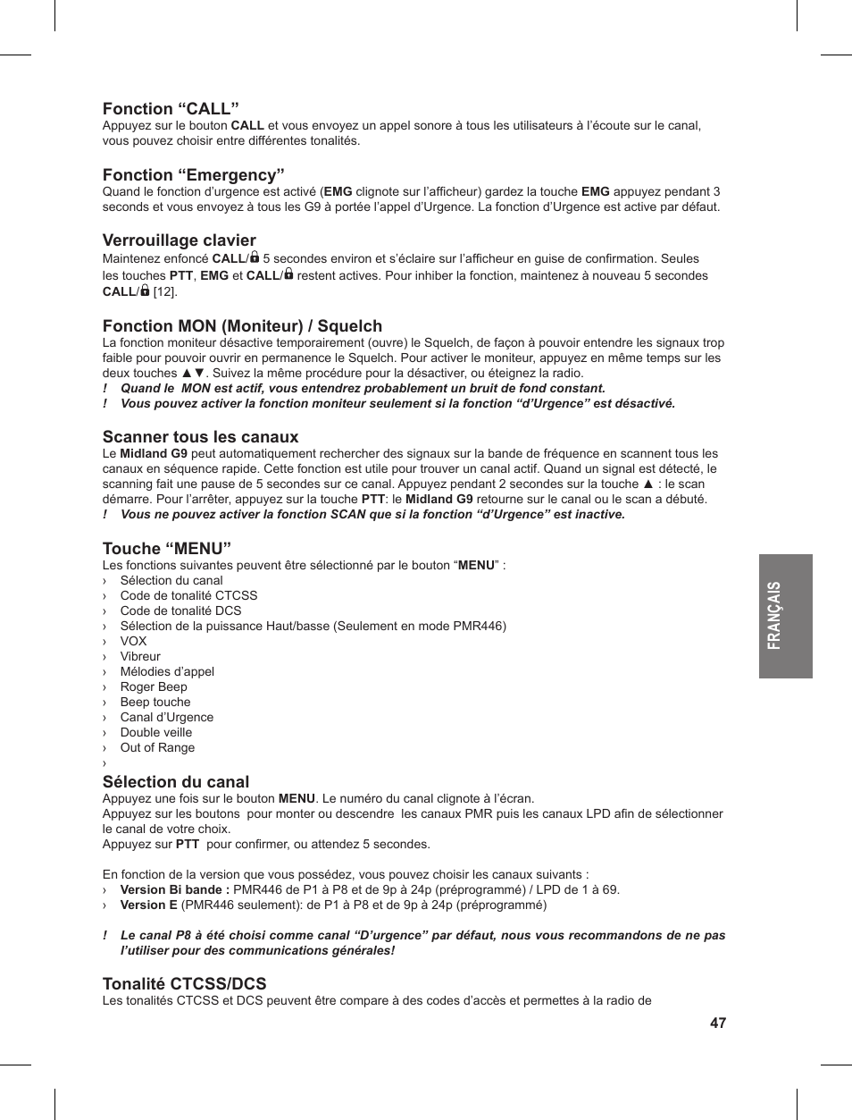 Fr an ça is fonction “call, Fonction “emergency, Verrouillage clavier | Fonction mon (moniteur) / squelch, Scanner tous les canaux, Touche “menu, Sélection du canal, Tonalité ctcss/dcs | MIDLAND G9 User Manual | Page 47 / 90