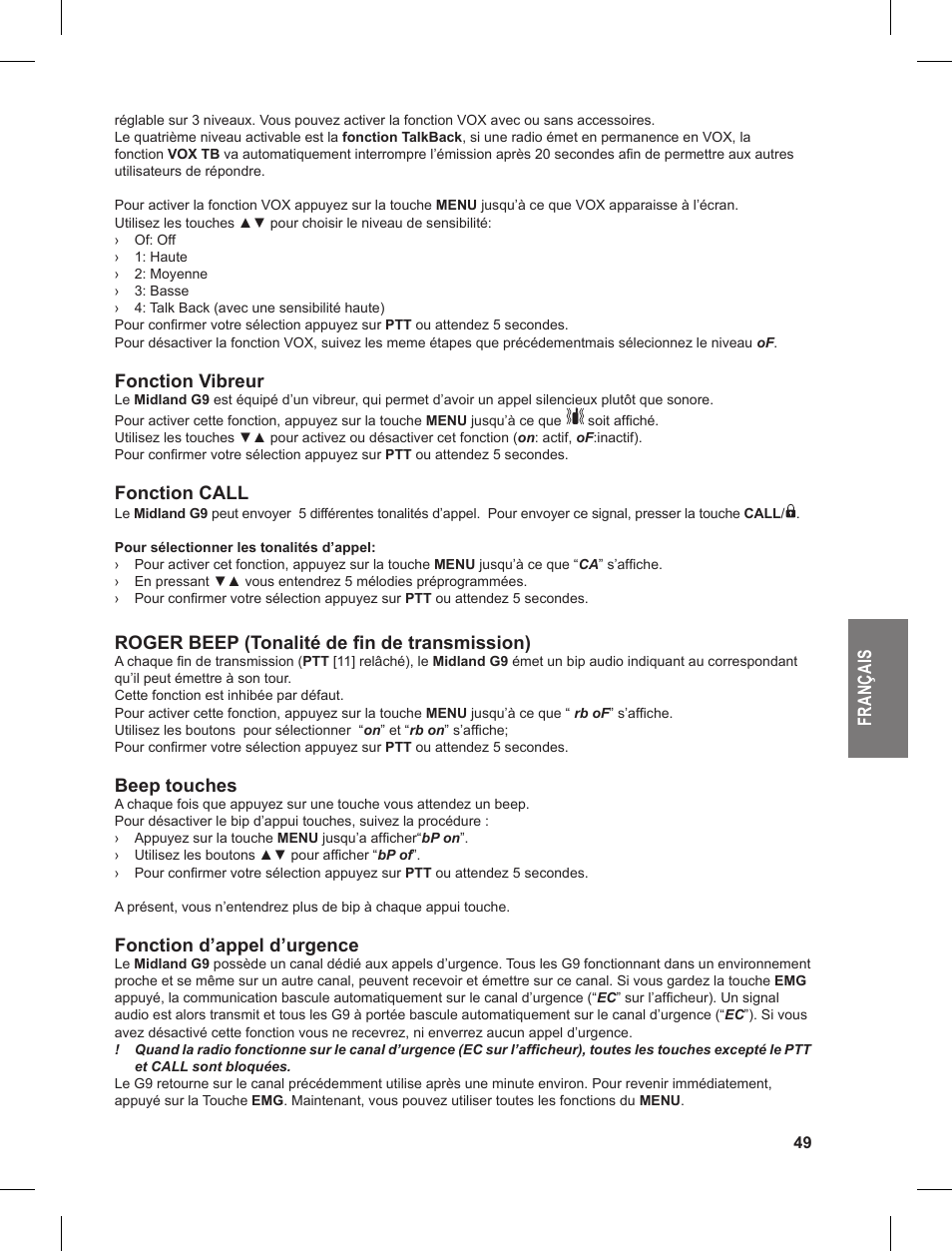 Fr an ça is, Fonction vibreur, Fonction call | Roger beep (tonalité de fin de transmission), Beep touches, Fonction d’appel d’urgence | MIDLAND G9 User Manual | Page 49 / 90