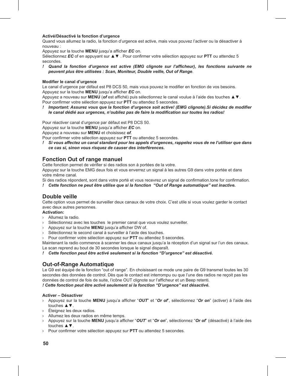 Fonction out of range manuel, Double veille, Out-of-range automatique | MIDLAND G9 User Manual | Page 50 / 90