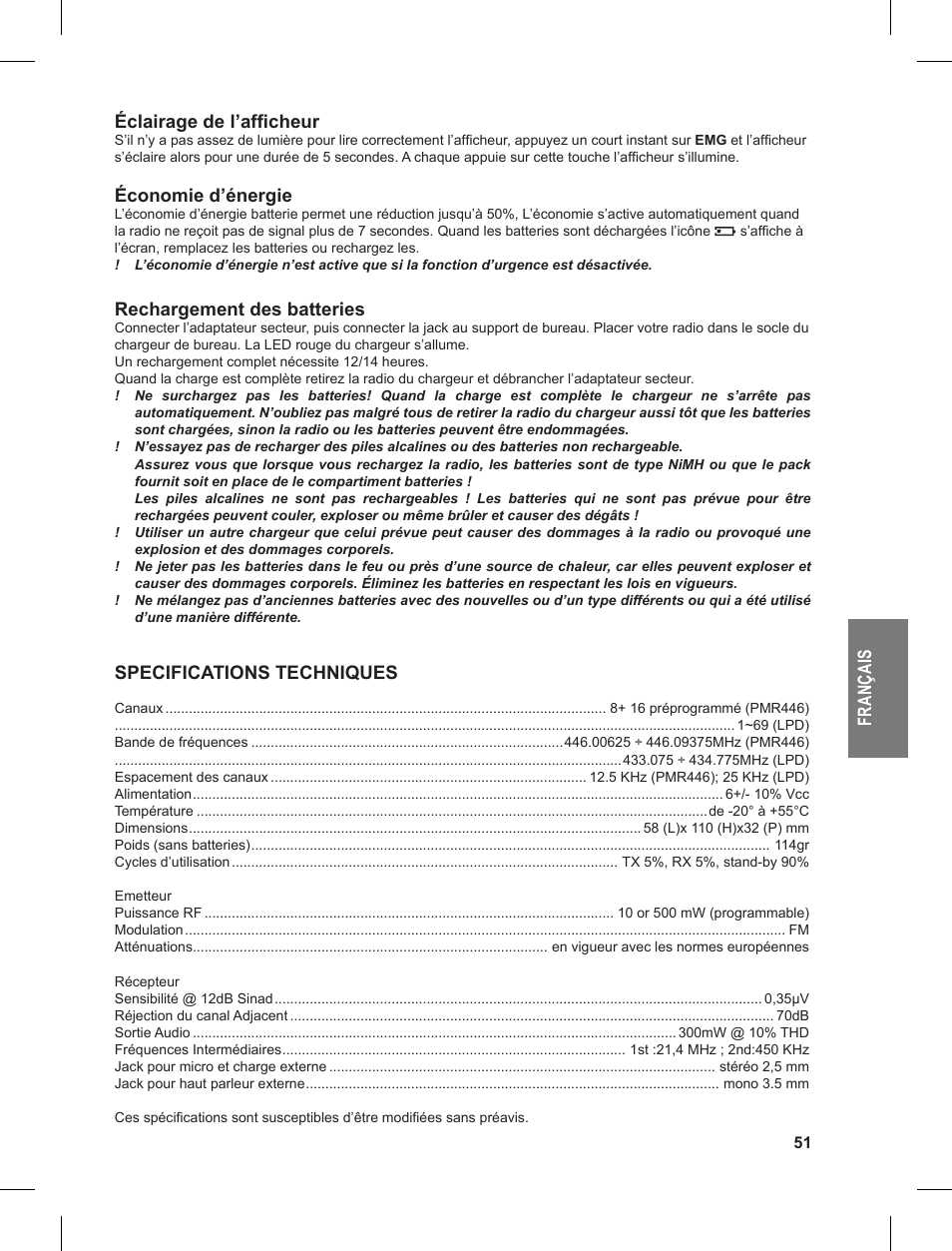 Fr an ça is éclairage de l’afficheur, Économie d’énergie, Rechargement des batteries | Specifications techniques | MIDLAND G9 User Manual | Page 51 / 90