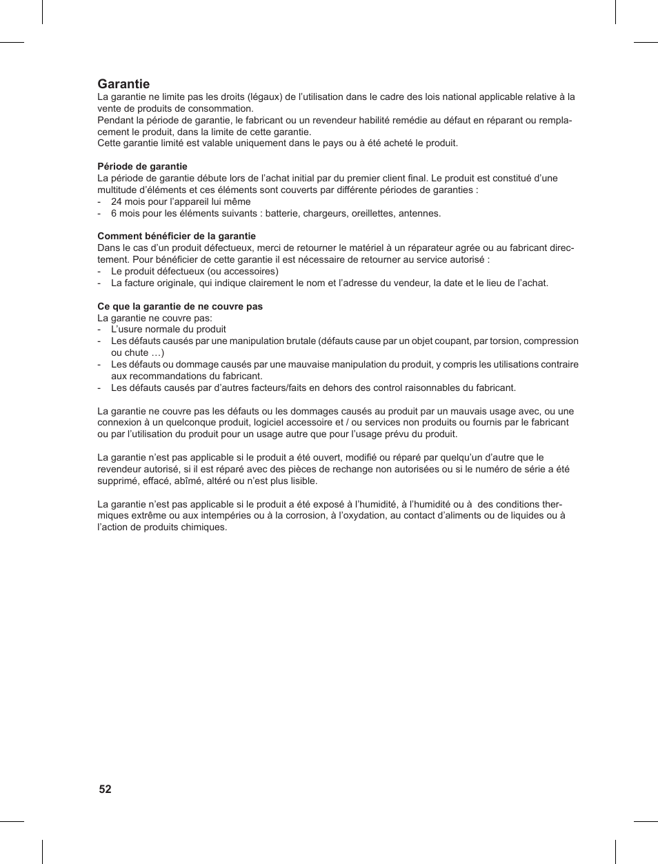 Garantie | MIDLAND G9 User Manual | Page 52 / 90
