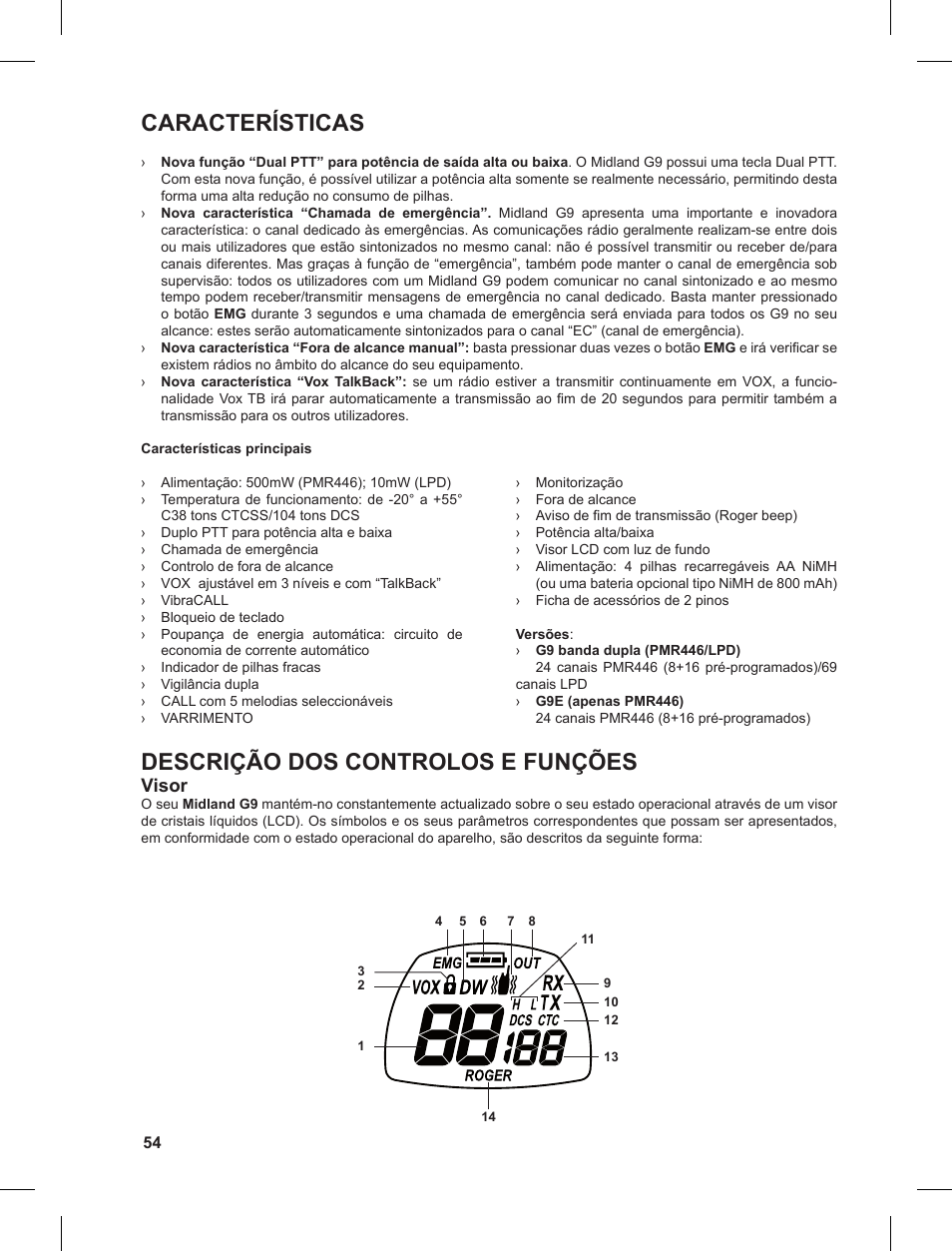 Características, Descrição dos controlos e funções | MIDLAND G9 User Manual | Page 54 / 90