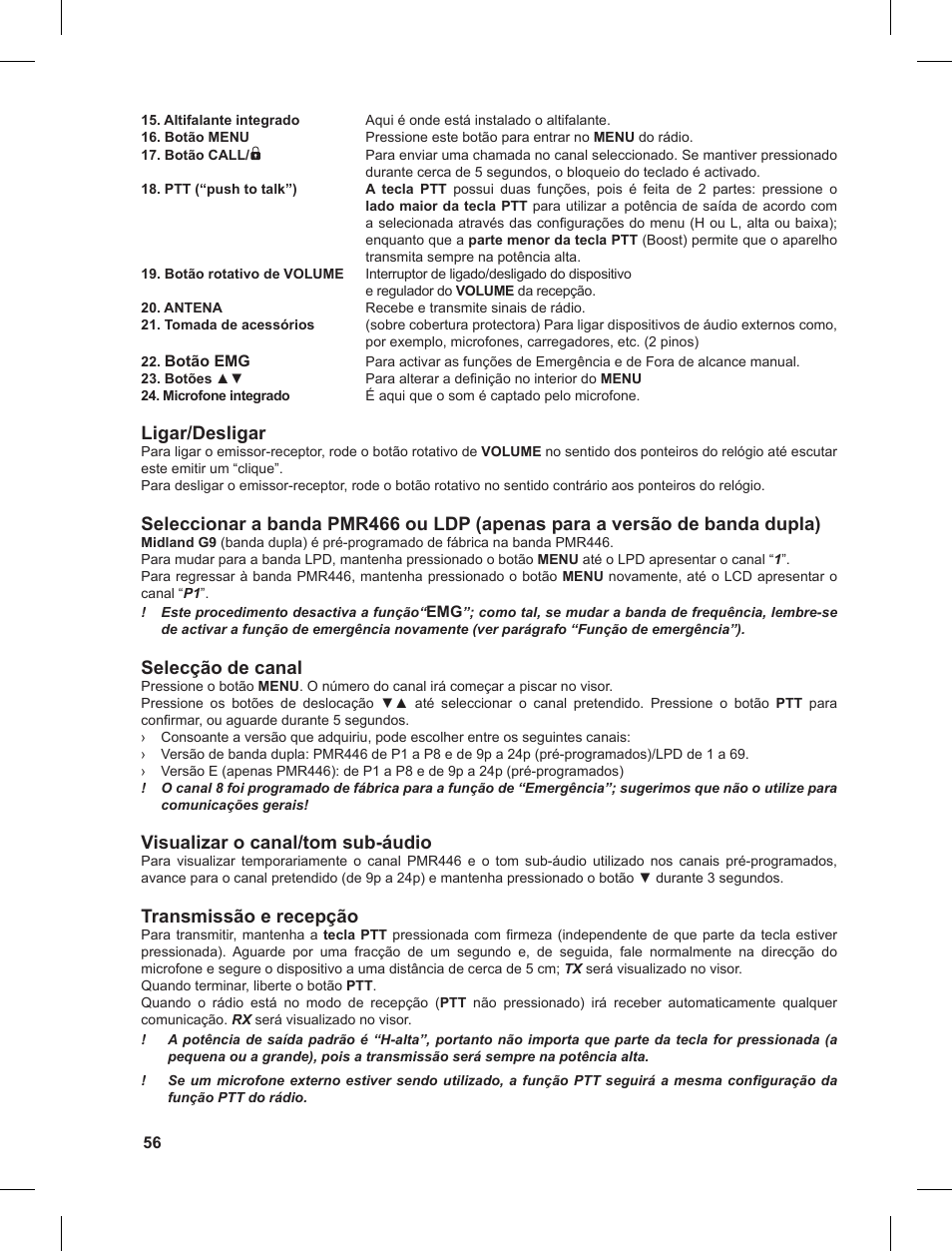 Ligar/desligar, Selecção de canal, Visualizar o canal/tom sub-áudio | Transmissão e recepção | MIDLAND G9 User Manual | Page 56 / 90