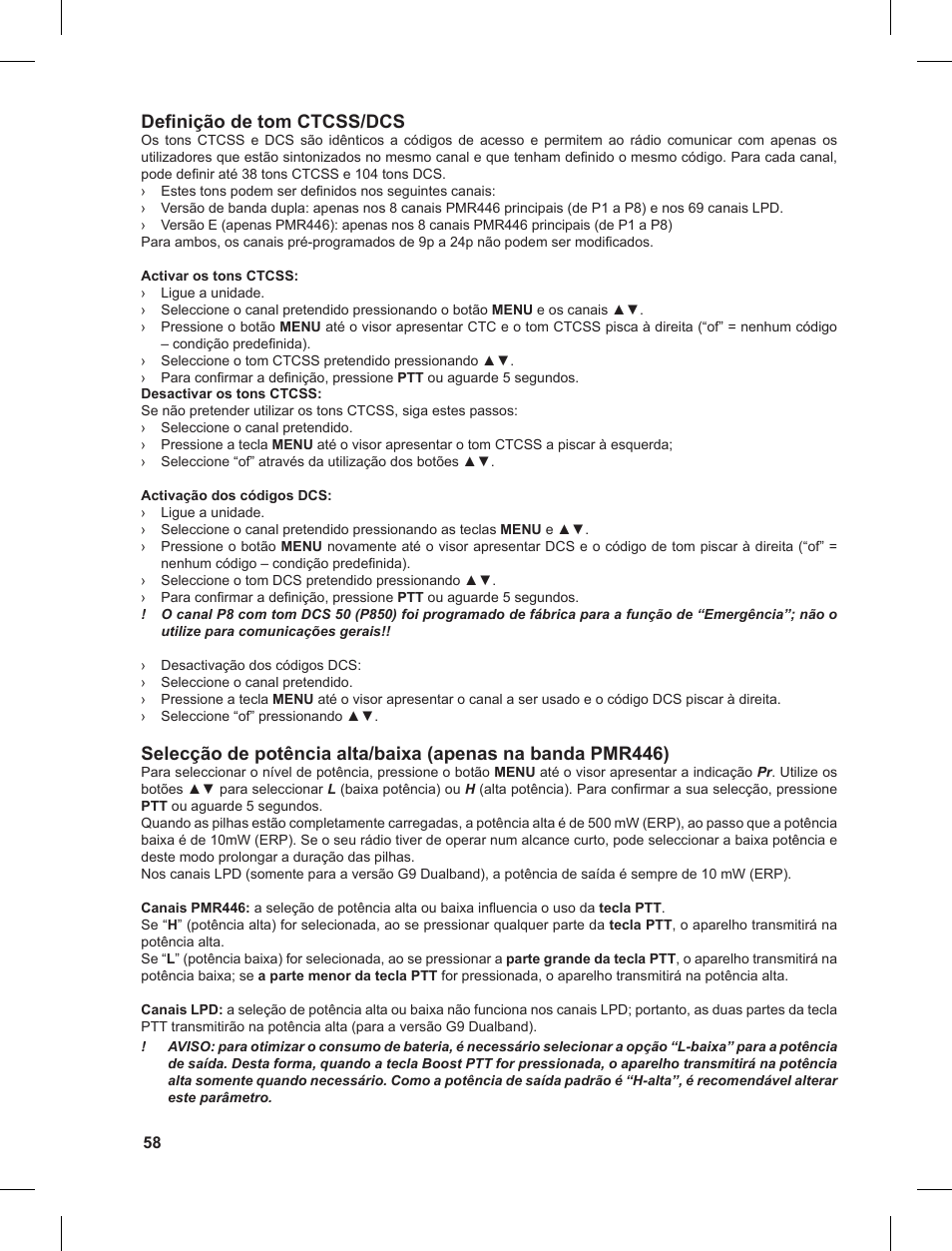 Definição de tom ctcss/dcs | MIDLAND G9 User Manual | Page 58 / 90