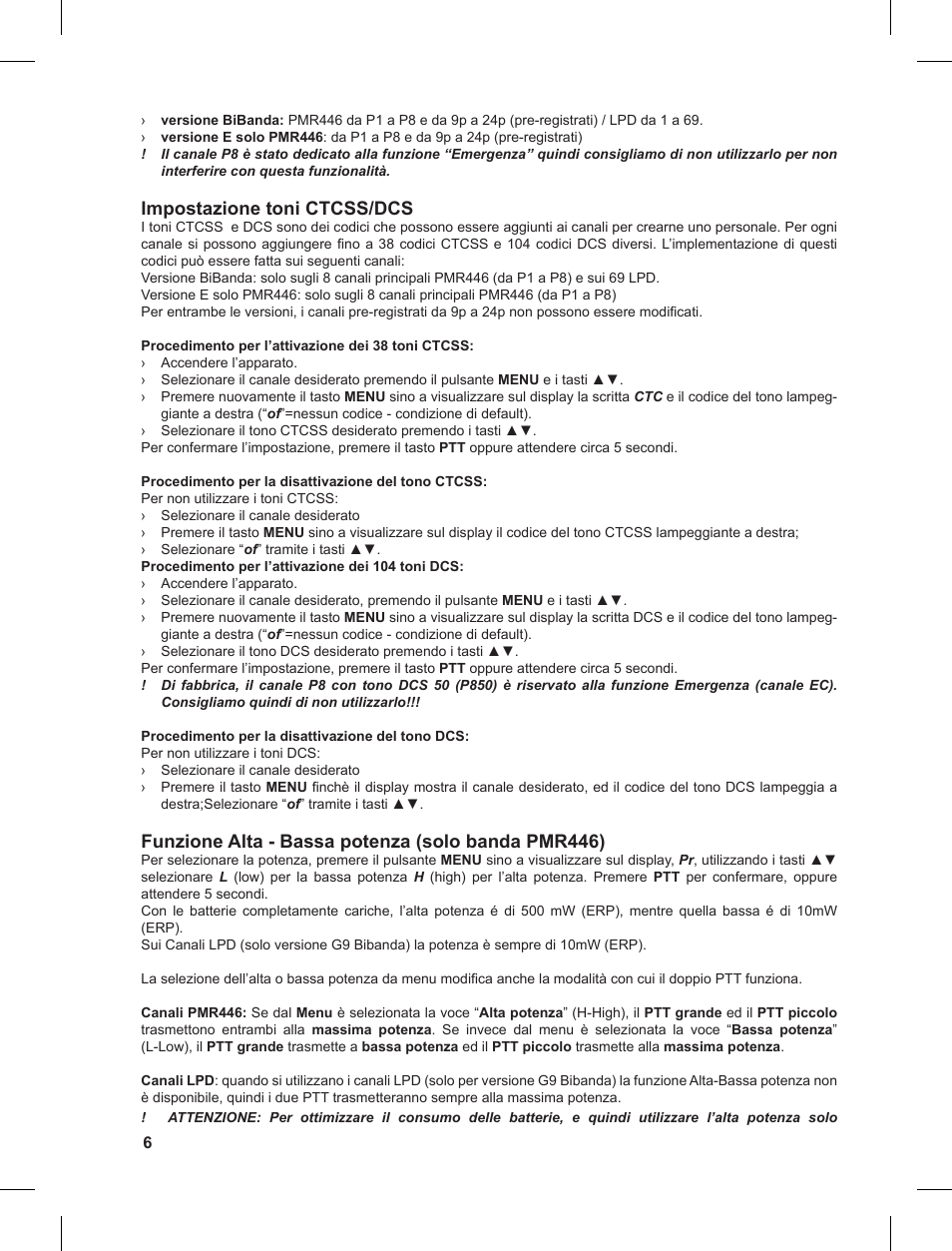 Impostazione toni ctcss/dcs, Funzione alta - bassa potenza (solo banda pmr446) | MIDLAND G9 User Manual | Page 6 / 90