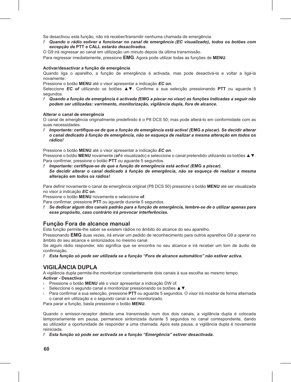 Função fora de alcance manual, Vigilância dupla | MIDLAND G9 User Manual | Page 60 / 90