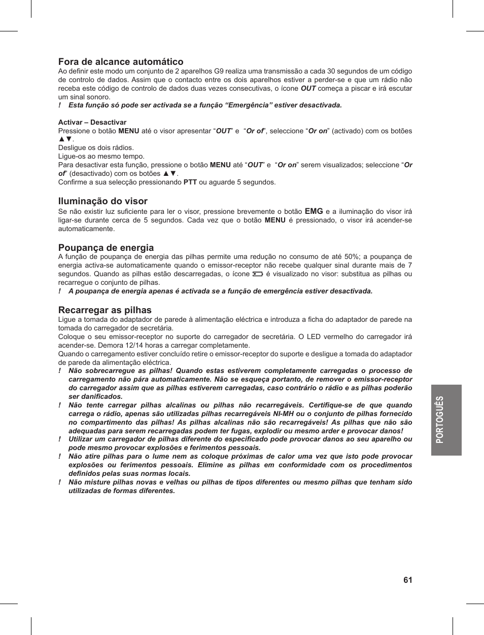 Po rt og uê s fora de alcance automático, Iluminação do visor, Poupança de energia | Recarregar as pilhas | MIDLAND G9 User Manual | Page 61 / 90