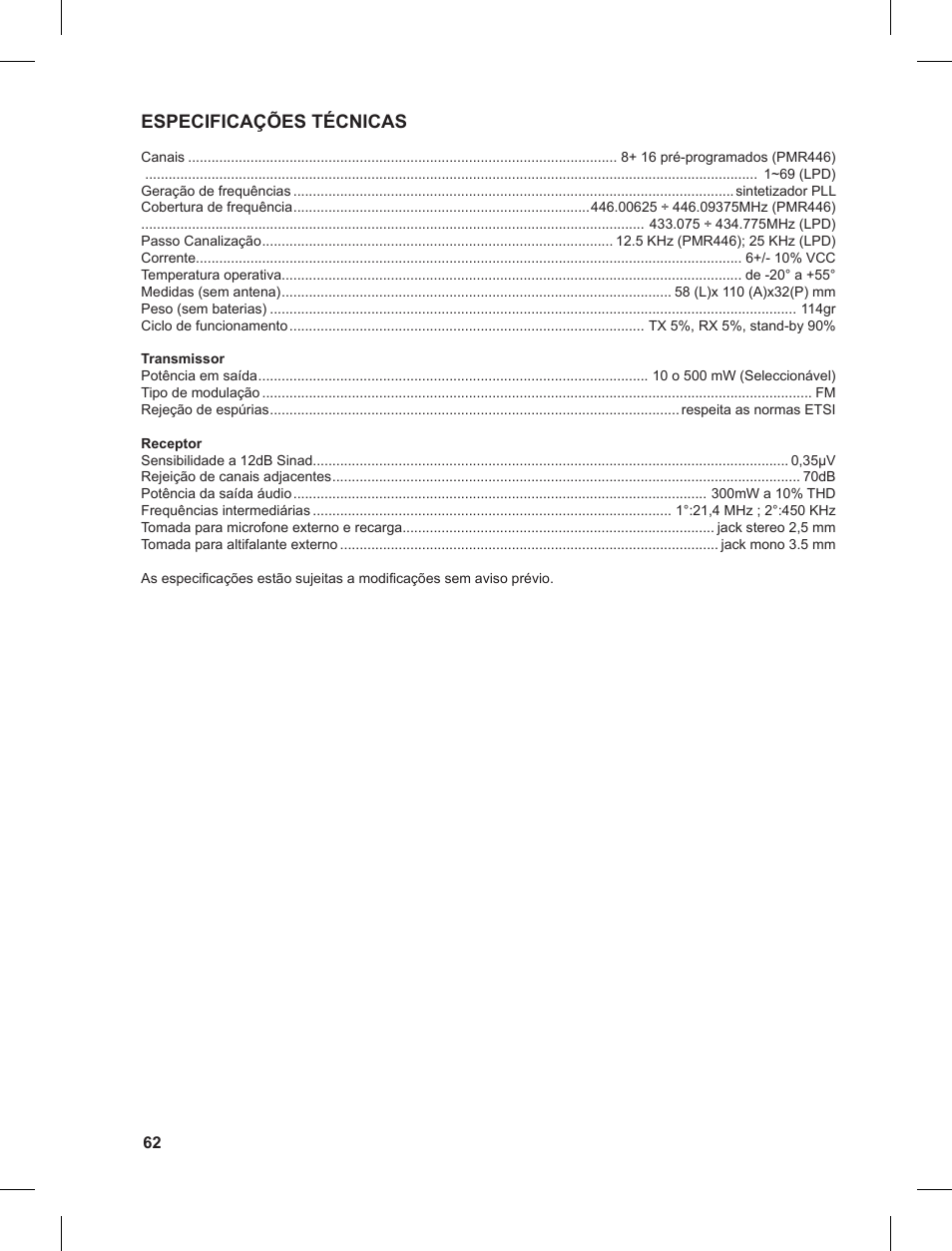 Especificações técnicas | MIDLAND G9 User Manual | Page 62 / 90