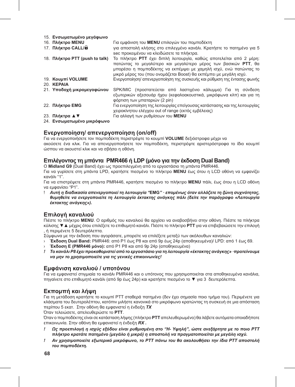 Ενεργοποίηση/ απενεργοποίηση (on/off), Επιλογή καναλιού, Εμφάνιση καναλιού / υποτόνου | Εκπομπή και λήψη | MIDLAND G9 User Manual | Page 68 / 90