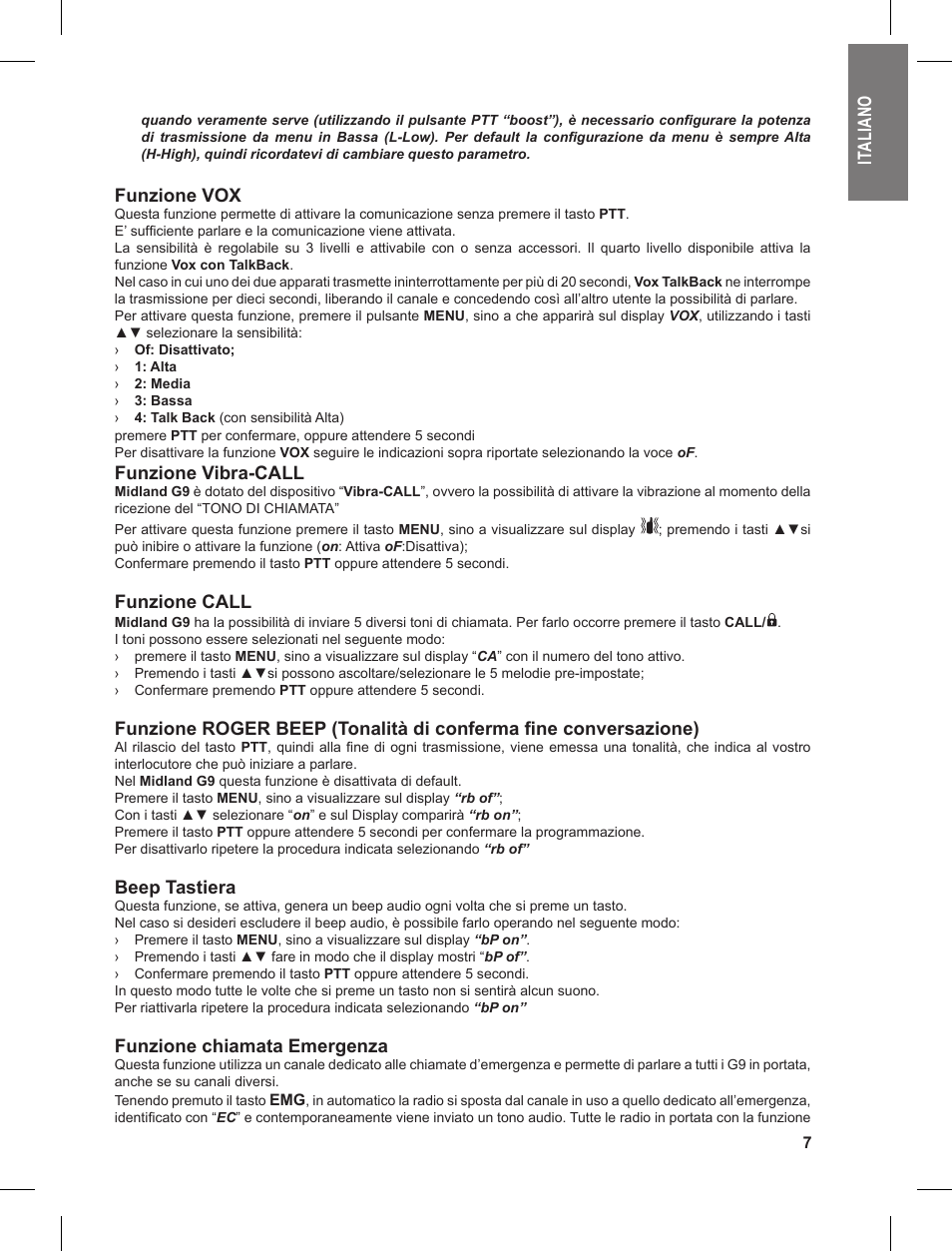 Ita li an o, Funzione vox, Funzione vibra-call | Funzione call, Beep tastiera, Funzione chiamata emergenza | MIDLAND G9 User Manual | Page 7 / 90