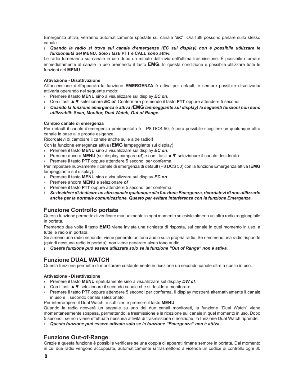 Funzione controllo portata, Funzione dual watch, Funzione out-of-range | MIDLAND G9 User Manual | Page 8 / 90