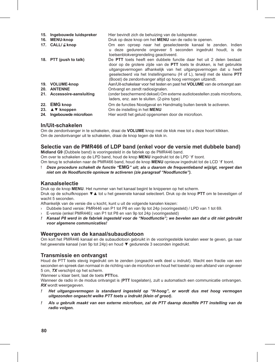 In/uit-schakelen, Kanaalselectie, Weergeven van de kanaal/subaudiotoon | Transmissie en ontvangst | MIDLAND G9 User Manual | Page 80 / 90