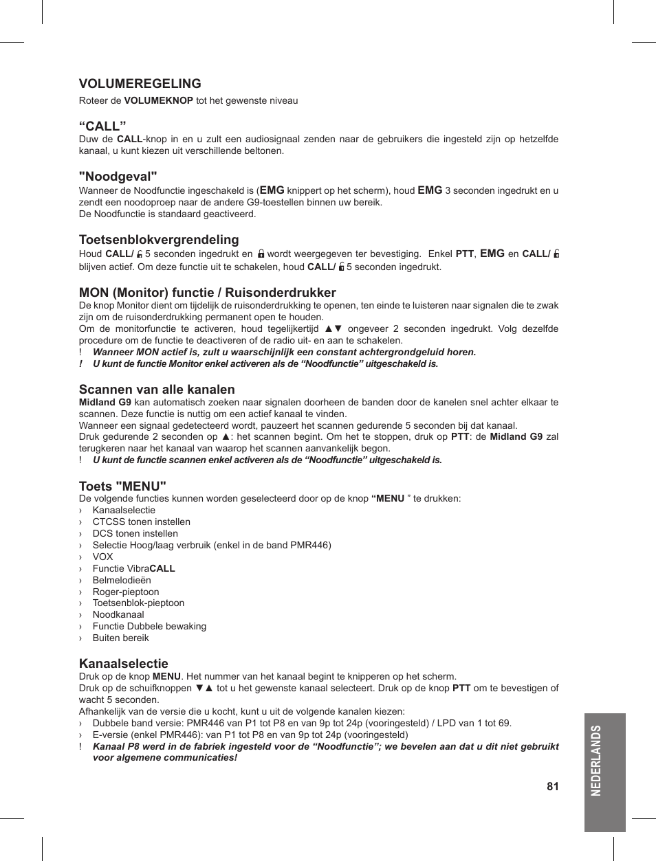 Ne de rl an ds volumeregeling, Call, Noodgeval | Toetsenblokvergrendeling, Mon (monitor) functie / ruisonderdrukker, Scannen van alle kanalen, Toets "menu, Kanaalselectie | MIDLAND G9 User Manual | Page 81 / 90