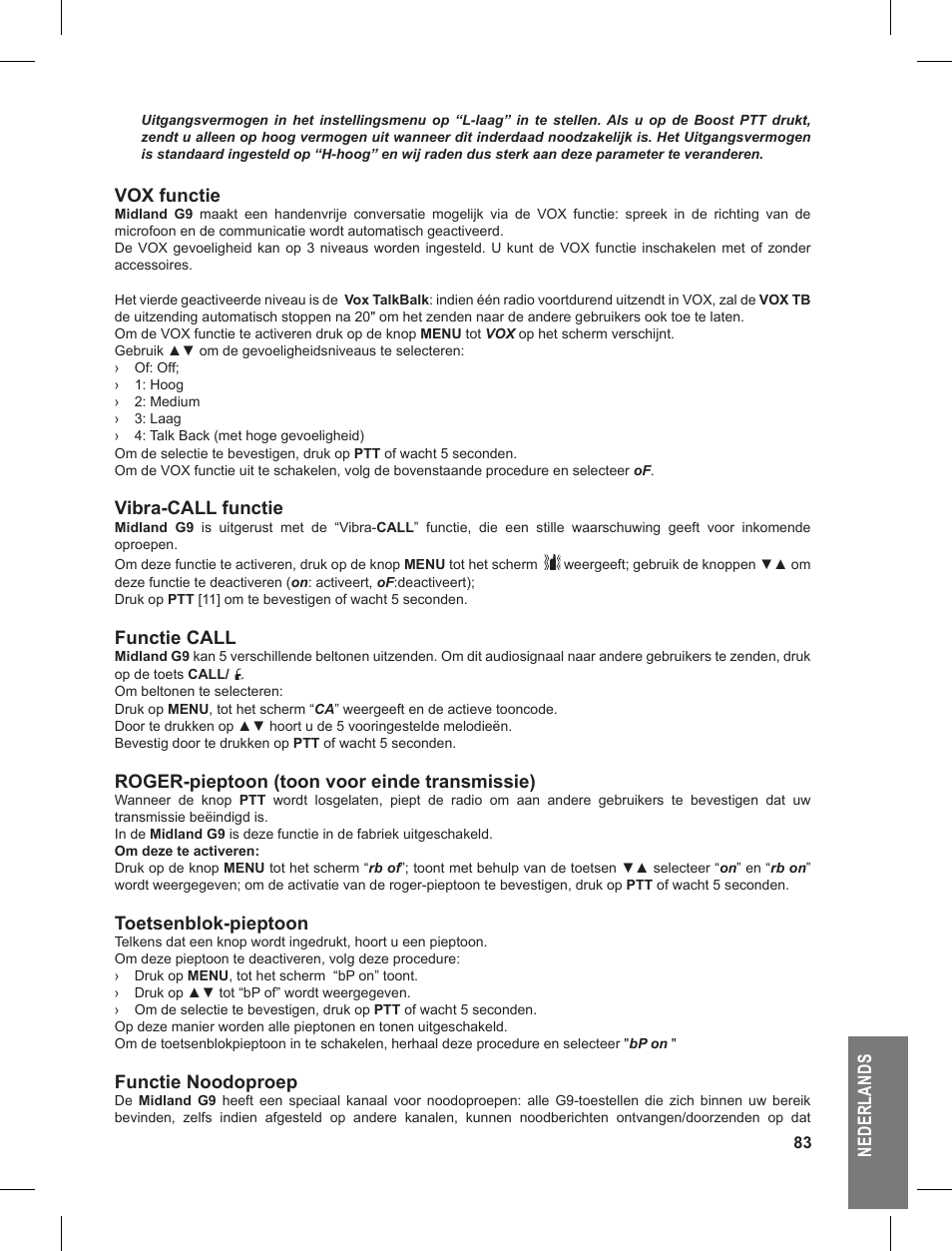 Ne de rl an ds, Vox functie, Vibra-call functie | Functie call, Roger-pieptoon (toon voor einde transmissie), Toetsenblok-pieptoon, Functie noodoproep | MIDLAND G9 User Manual | Page 83 / 90