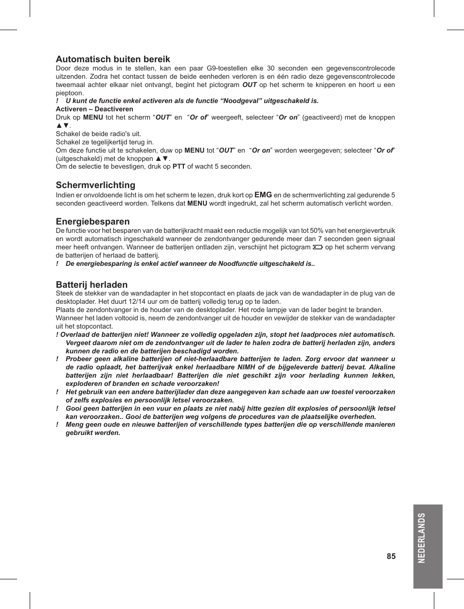 Ne de rl an ds automatisch buiten bereik, Schermverlichting, Energiebesparen | Batterij herladen | MIDLAND G9 User Manual | Page 85 / 90