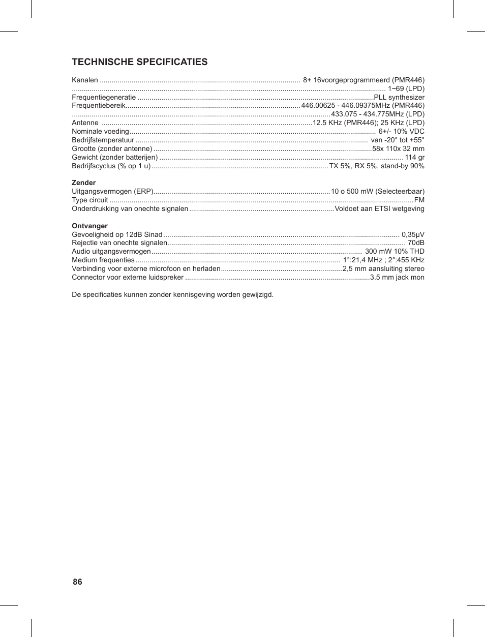 Technische specificaties | MIDLAND G9 User Manual | Page 86 / 90