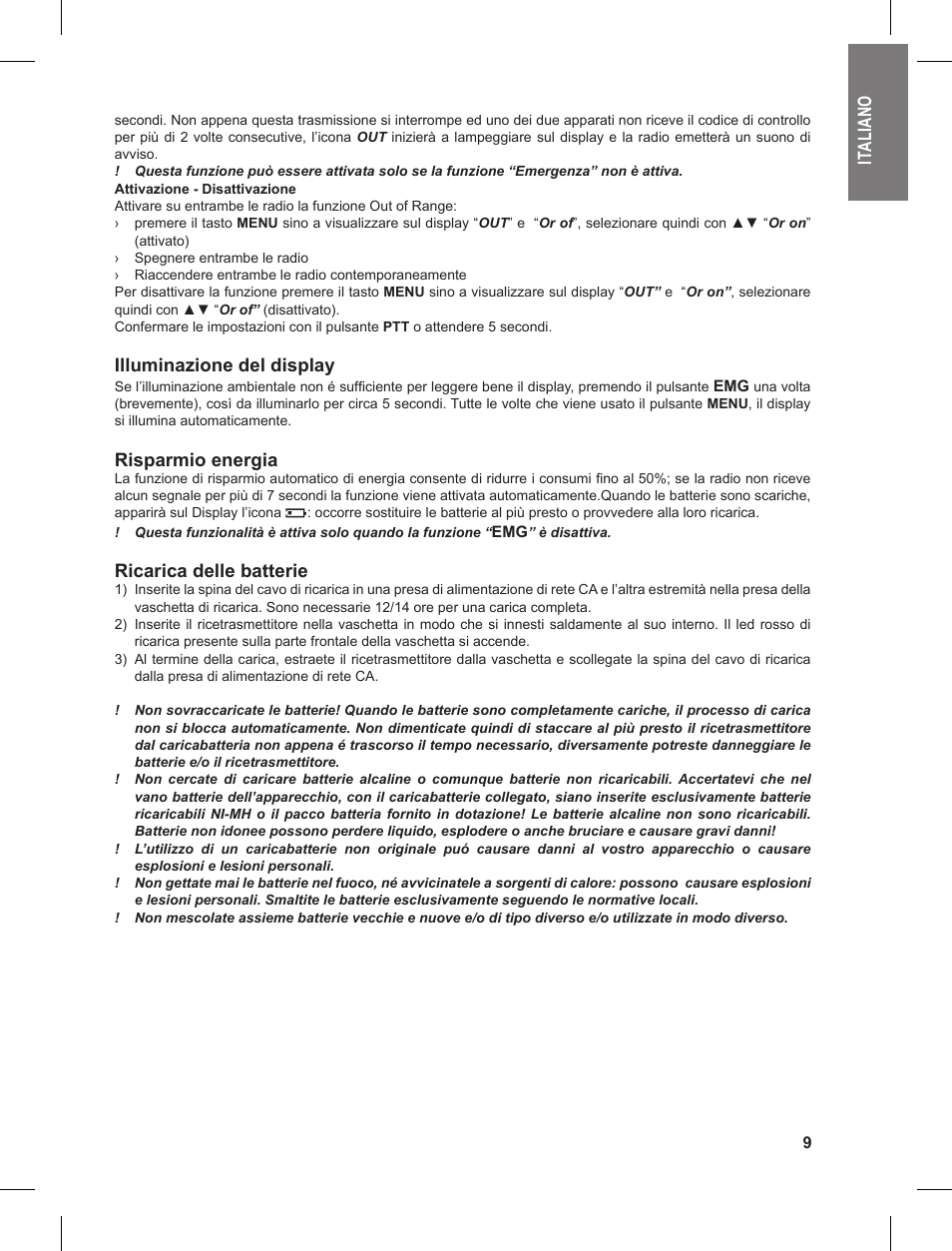 Ita li an o, Illuminazione del display, Risparmio energia | Ricarica delle batterie | MIDLAND G9 User Manual | Page 9 / 90