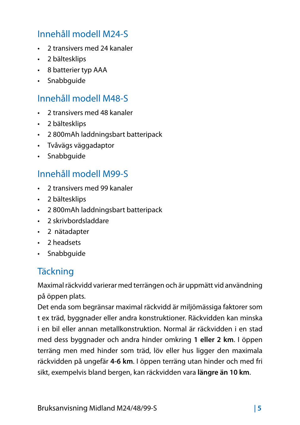 Innehåll modell m24-s, Innehåll modell m48-s, Innehåll modell m99-s | Täckning | MIDLAND M24 S - M48 S - M99 S User Manual | Page 104 / 124