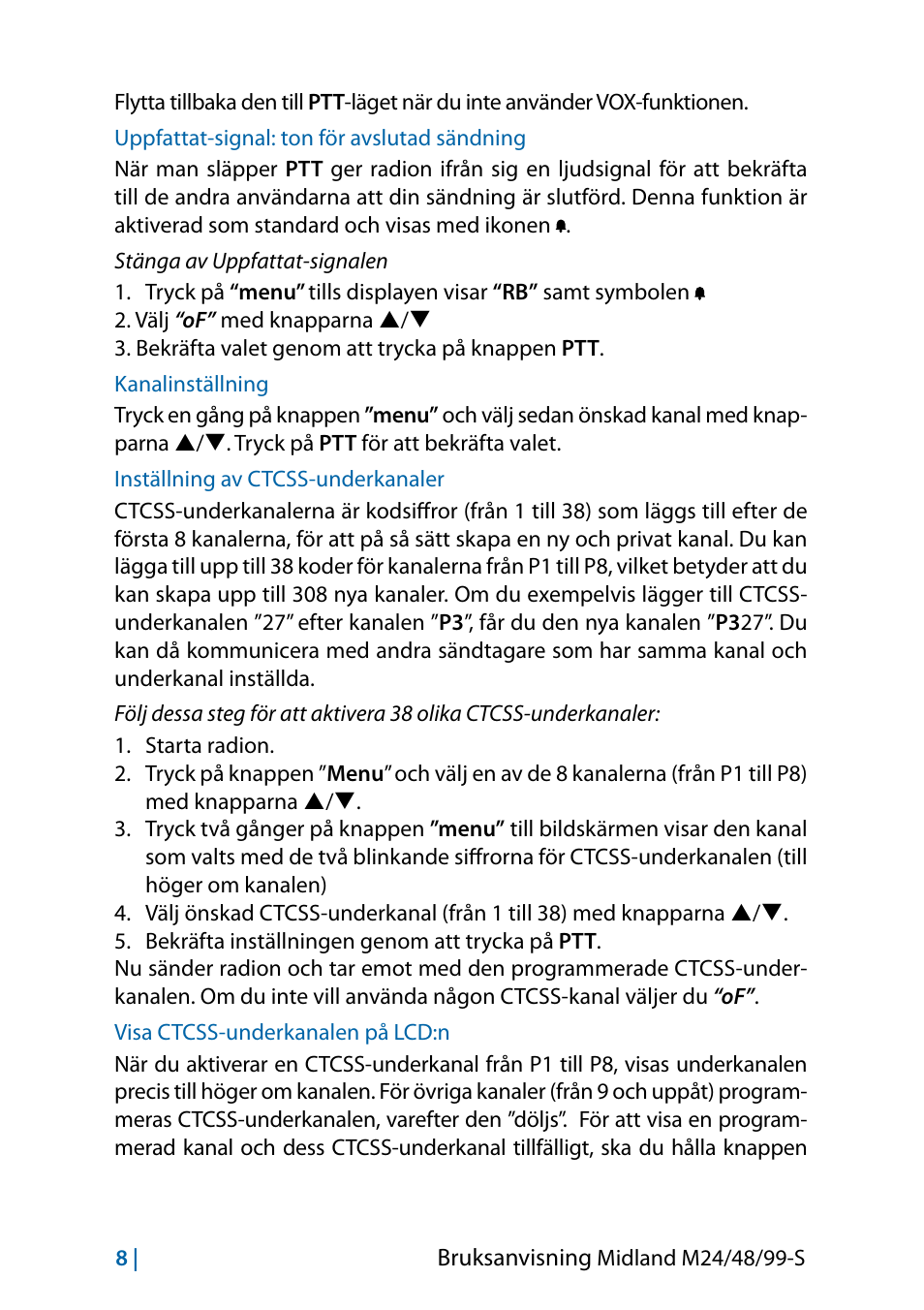 Uppfattat-signal: ton för avslutad sändning, Kanalinställning, Inställning av ctcss-underkanaler | Visa ctcss-underkanalen på lcd:n | MIDLAND M24 S - M48 S - M99 S User Manual | Page 107 / 124