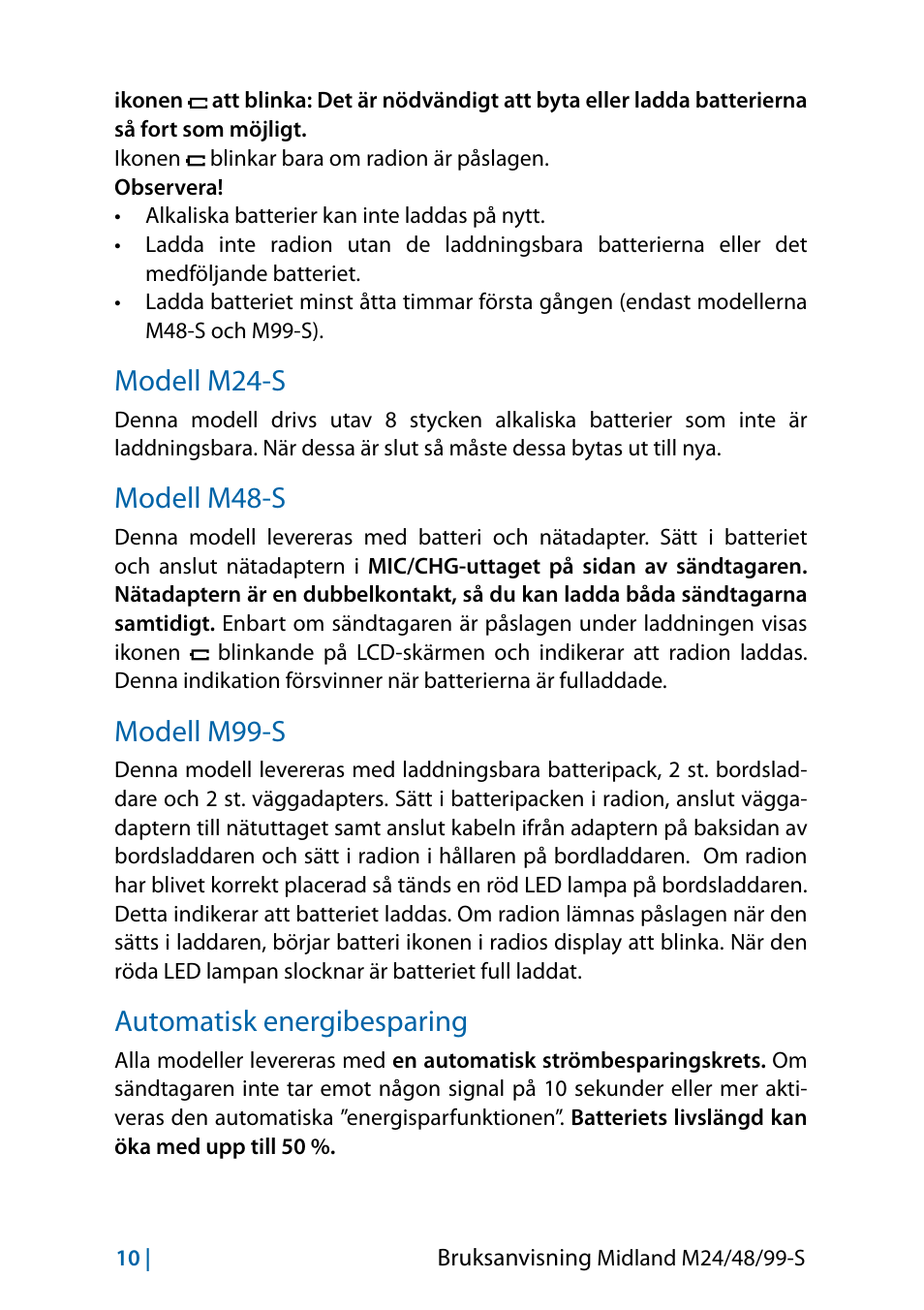 Modell m24-s, Modell m48-s, Modell m99-s | Automatisk energibesparing | MIDLAND M24 S - M48 S - M99 S User Manual | Page 109 / 124