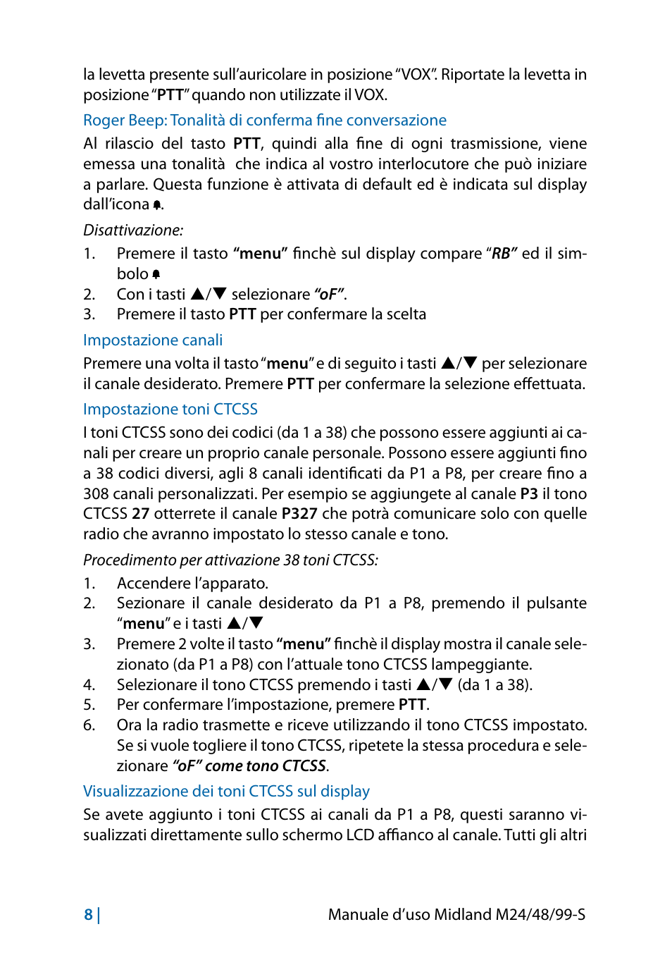 Impostazione canali, Impostazione toni ctcss, Visualizzazione dei toni ctcss sul display | MIDLAND M24 S - M48 S - M99 S User Manual | Page 11 / 124