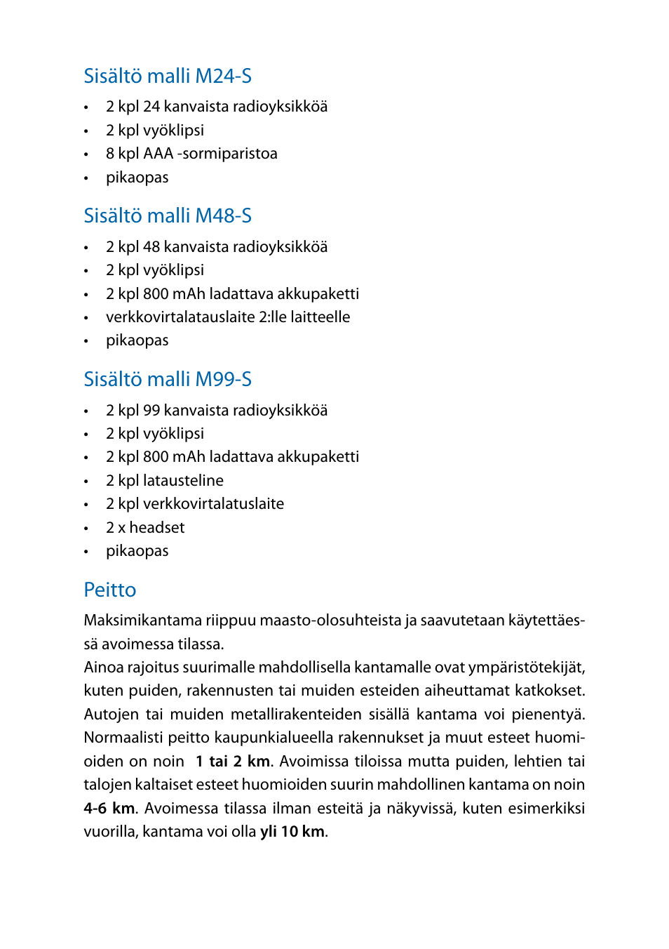 Sisältö malli m24-s, Sisältö malli m48-s, Sisältö malli m99-s | Peitto | MIDLAND M24 S - M48 S - M99 S User Manual | Page 116 / 124