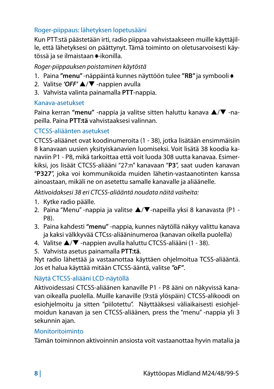 Roger-piippaus: lähetyksen lopetusääni, Kanava-asetukset, Ctcss-aliäänten asetukset | Näytä ctcss-aliääni lcd-näytöllä, Monitoritoiminto, Kanava-asetukset 8 ctcss-aliäänten asetukset, Monitoritoiminto 8 | MIDLAND M24 S - M48 S - M99 S User Manual | Page 119 / 124