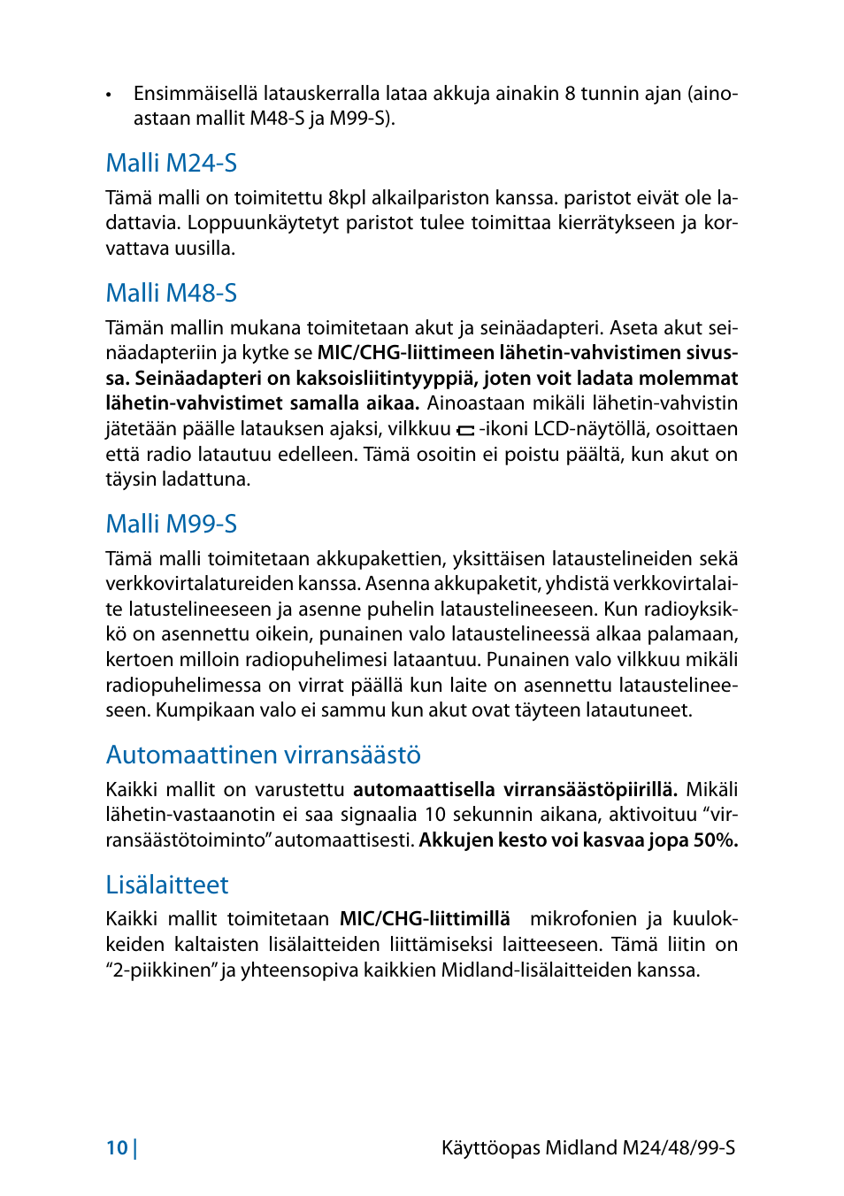 Malli m24-s, Malli m48-s, Malli m99-s | Automaattinen virransäästö, Lisälaitteet, Lisälaitteet 10 | MIDLAND M24 S - M48 S - M99 S User Manual | Page 121 / 124